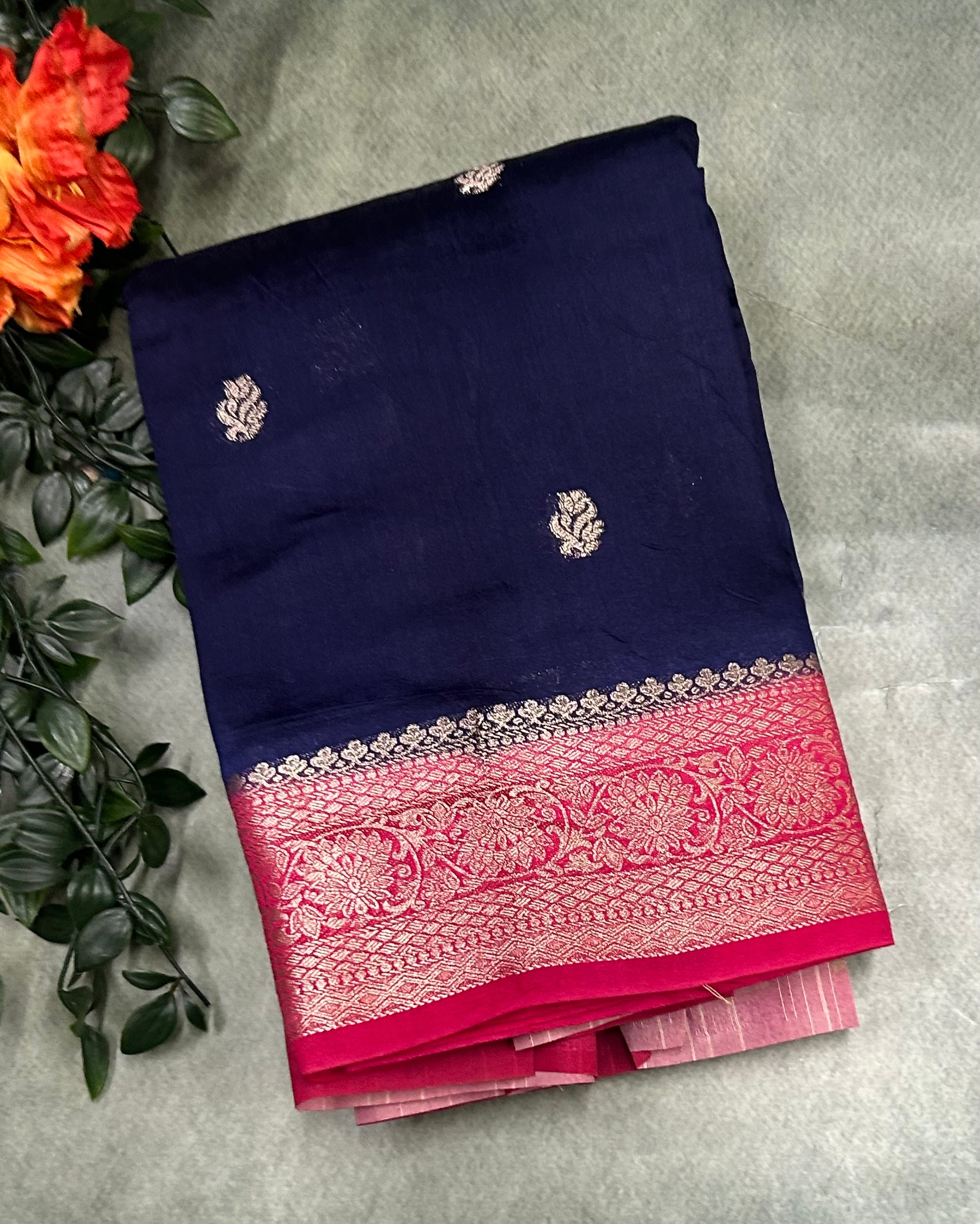 Navy Blue soft Tussar crêpe with printed blouse saree