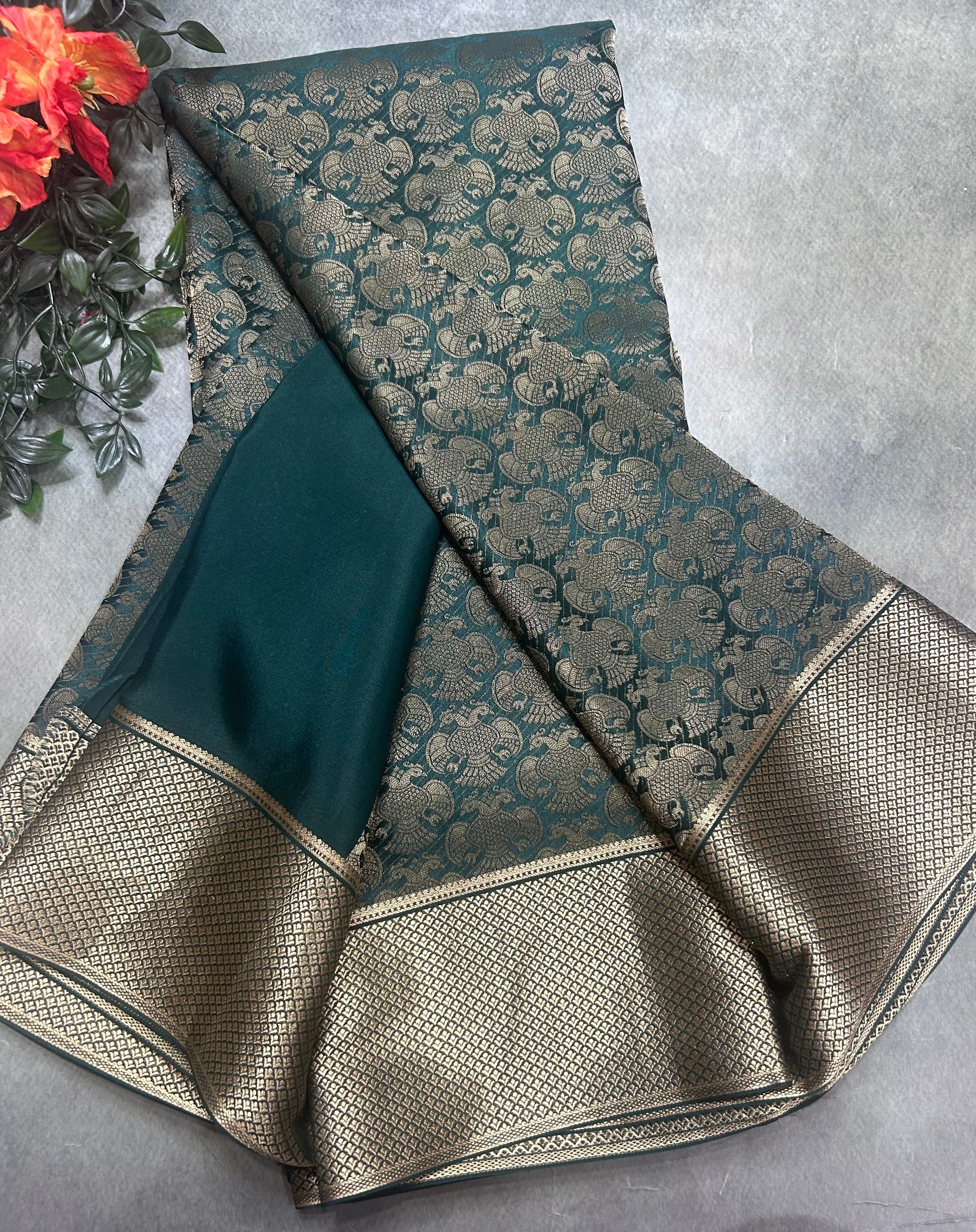 Bottle green gandaberunda brocade Pure Mysore Silk 106 Saree