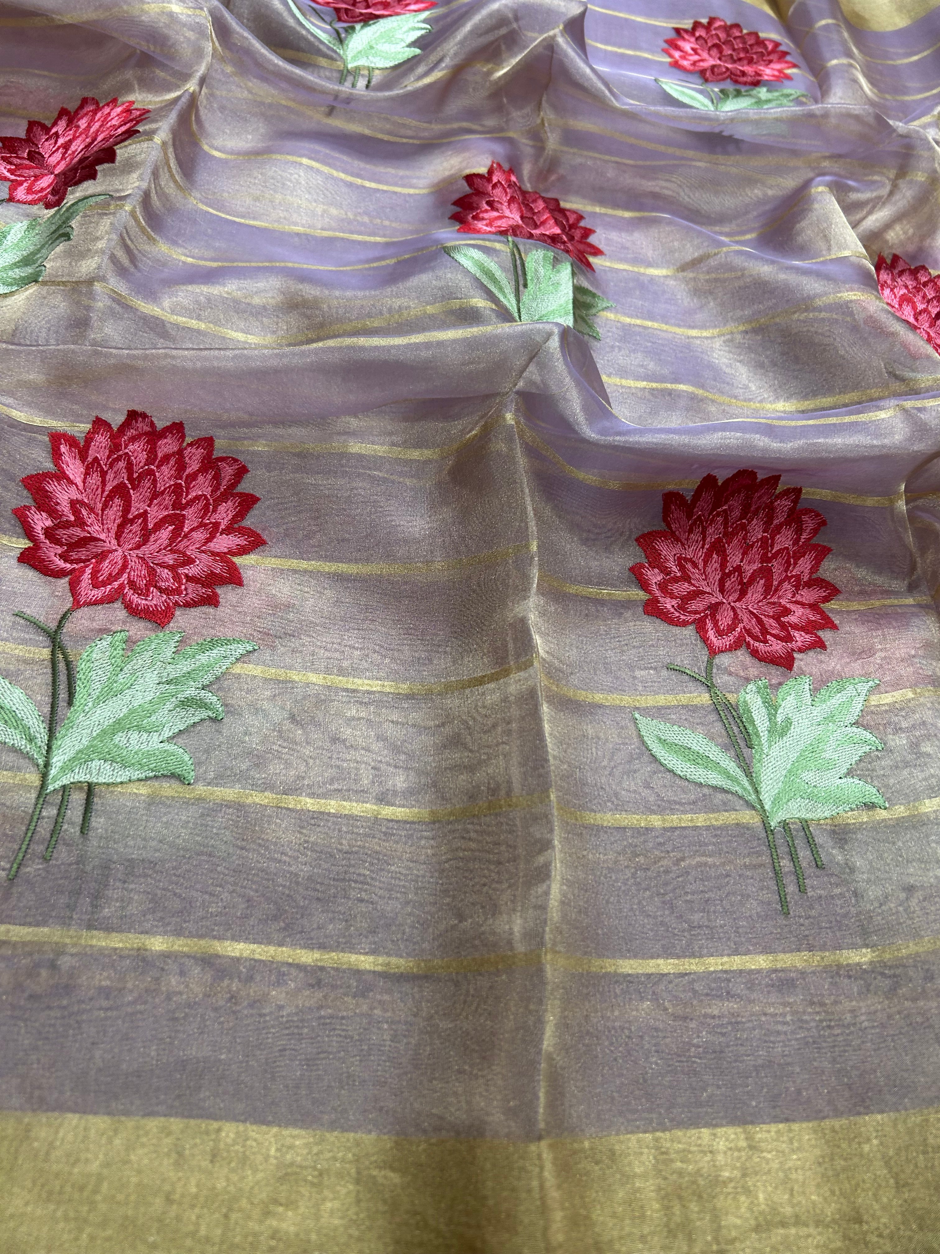 Lilac floral embroidery work pure tissue organza 105 saree