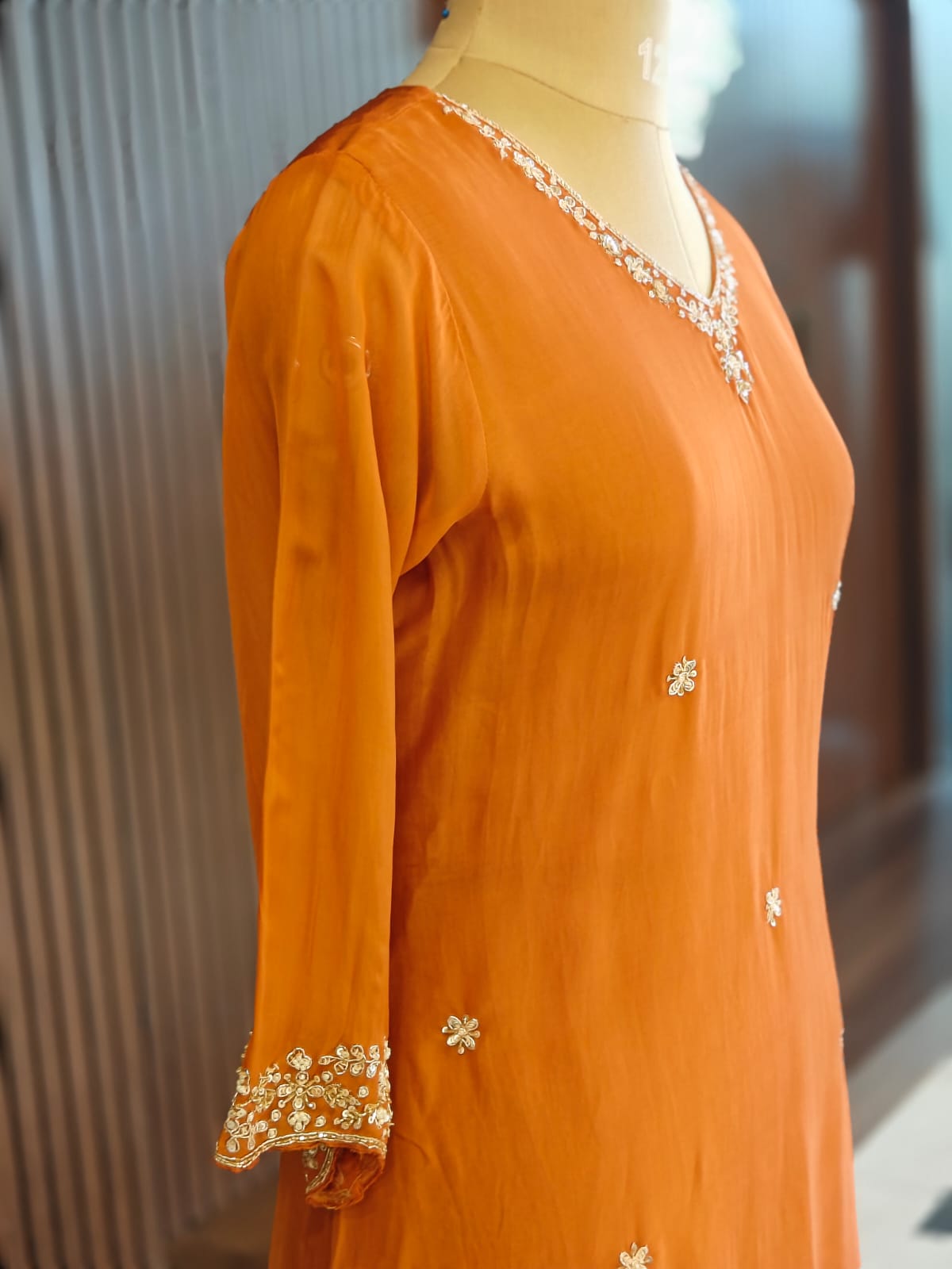 Orange Chanderi Thread Embroidery Airline Kurtha 284