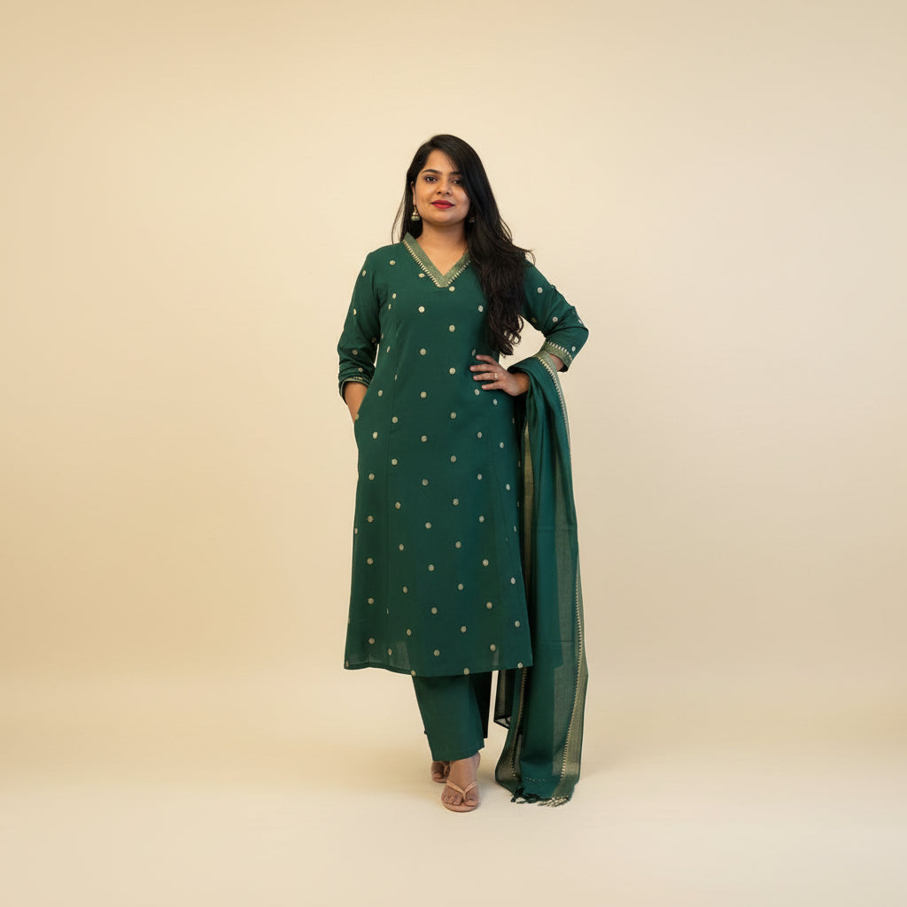 Bottle Green Pure Cotton A Line Kurtha 721