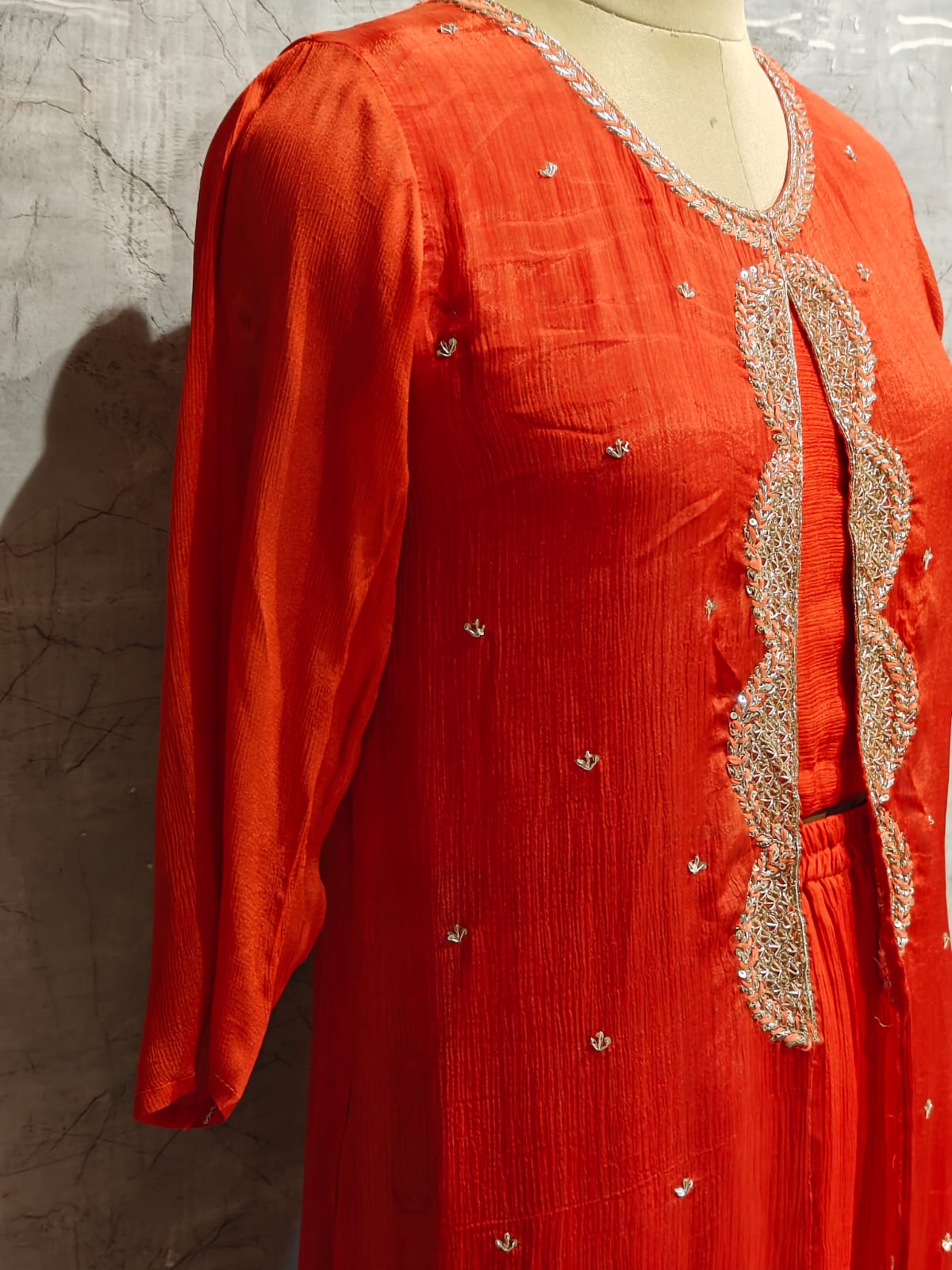 “Pari" Orange Designer Kurtha 43 Set with Handwork Top, Palazzo and Jacket Indo-western