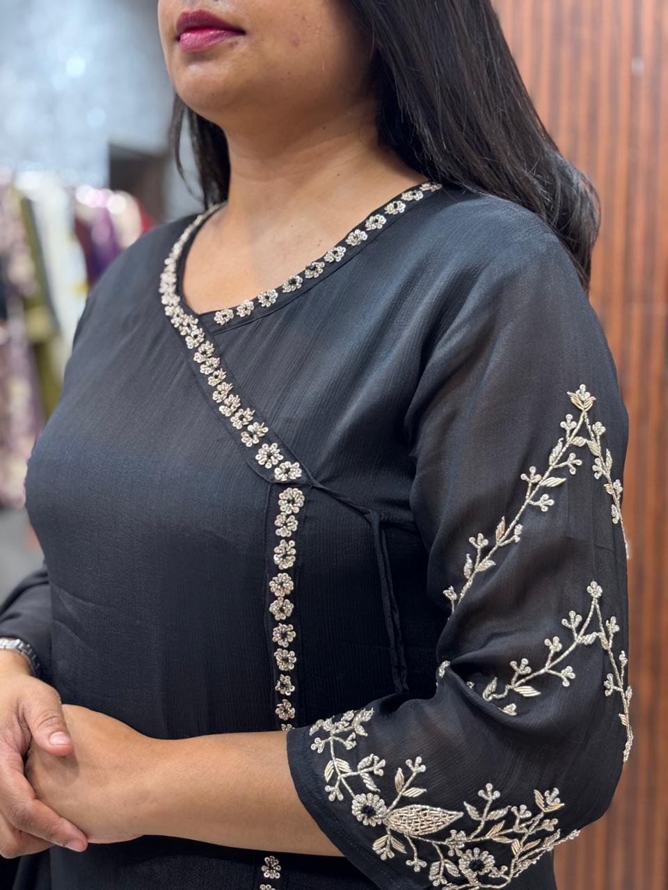 Black Chinnon Thread Embroidery Airline Kurtha