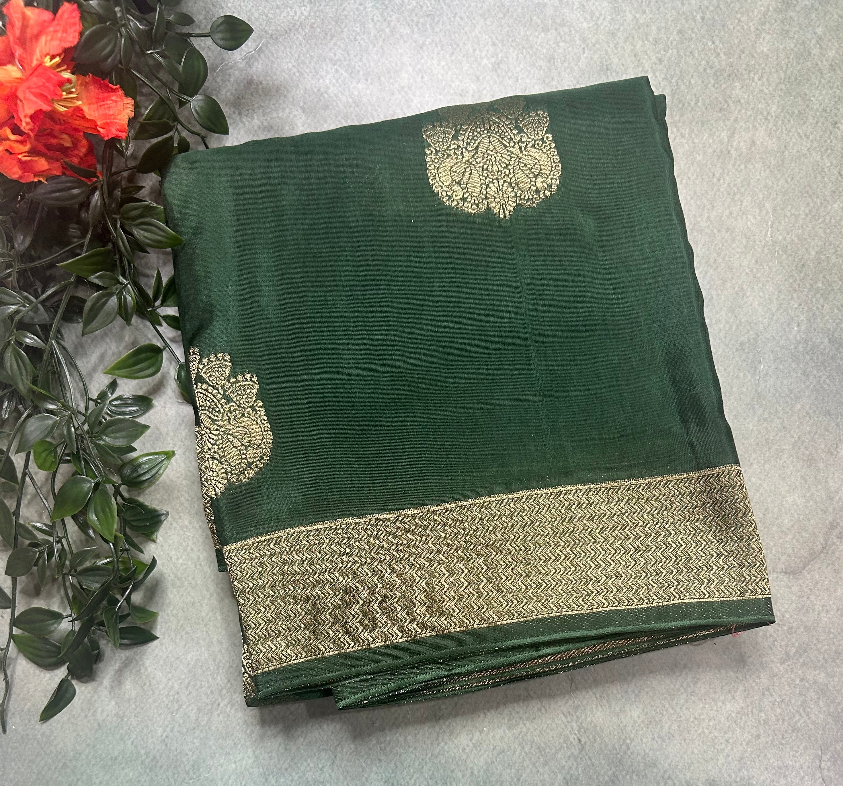 Bottle green  big Butta contrast semi Mysore crepe 105 saree