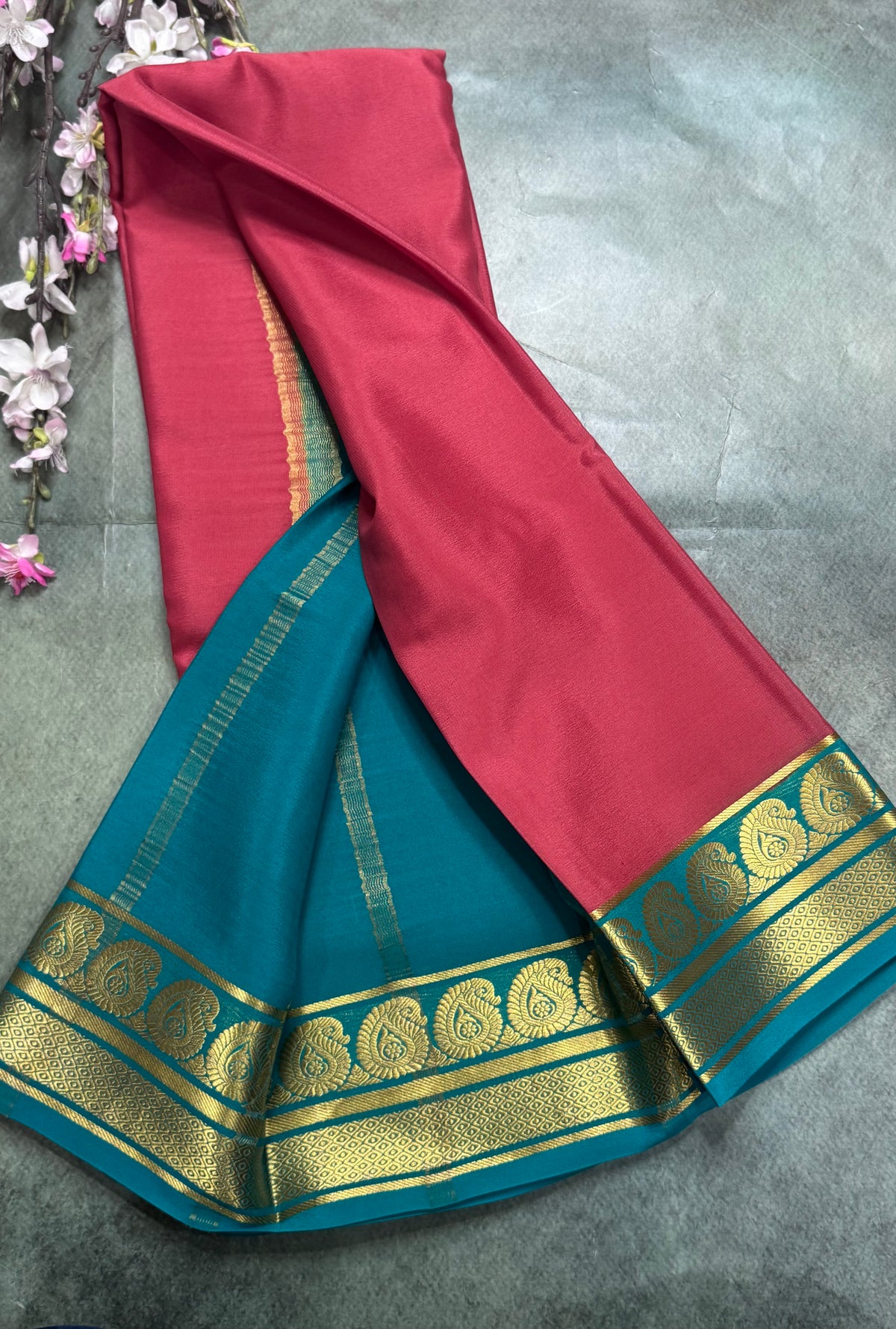 Light red long border pure Mysore silk saree