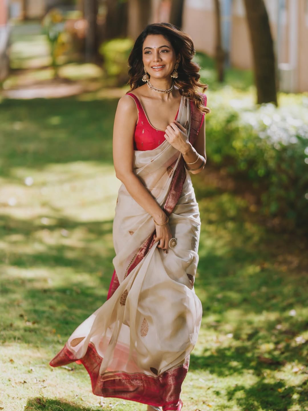 Cream n pink pure kora organza saree