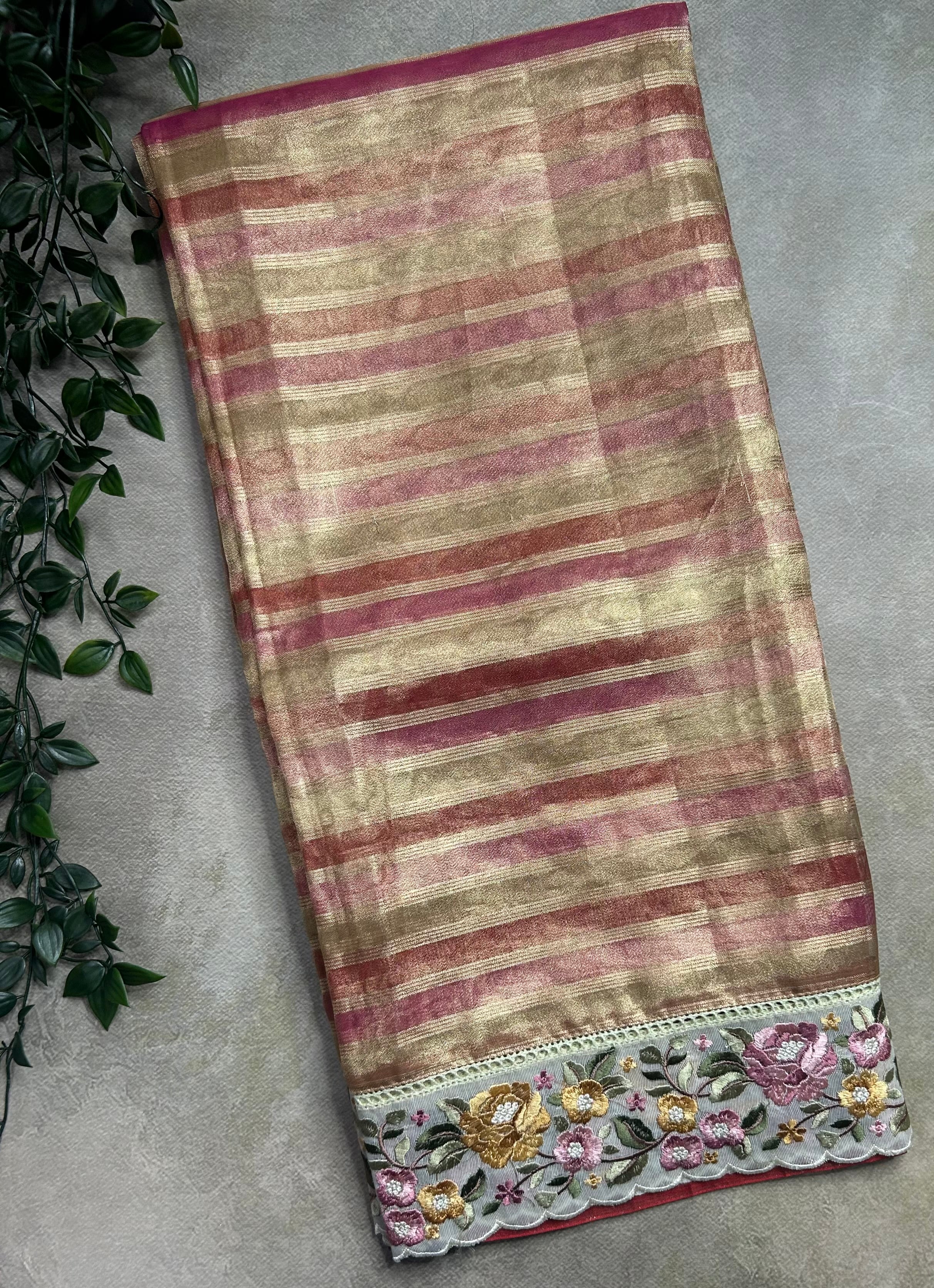 Multicolour stripes embroidery work border semi tissue saree