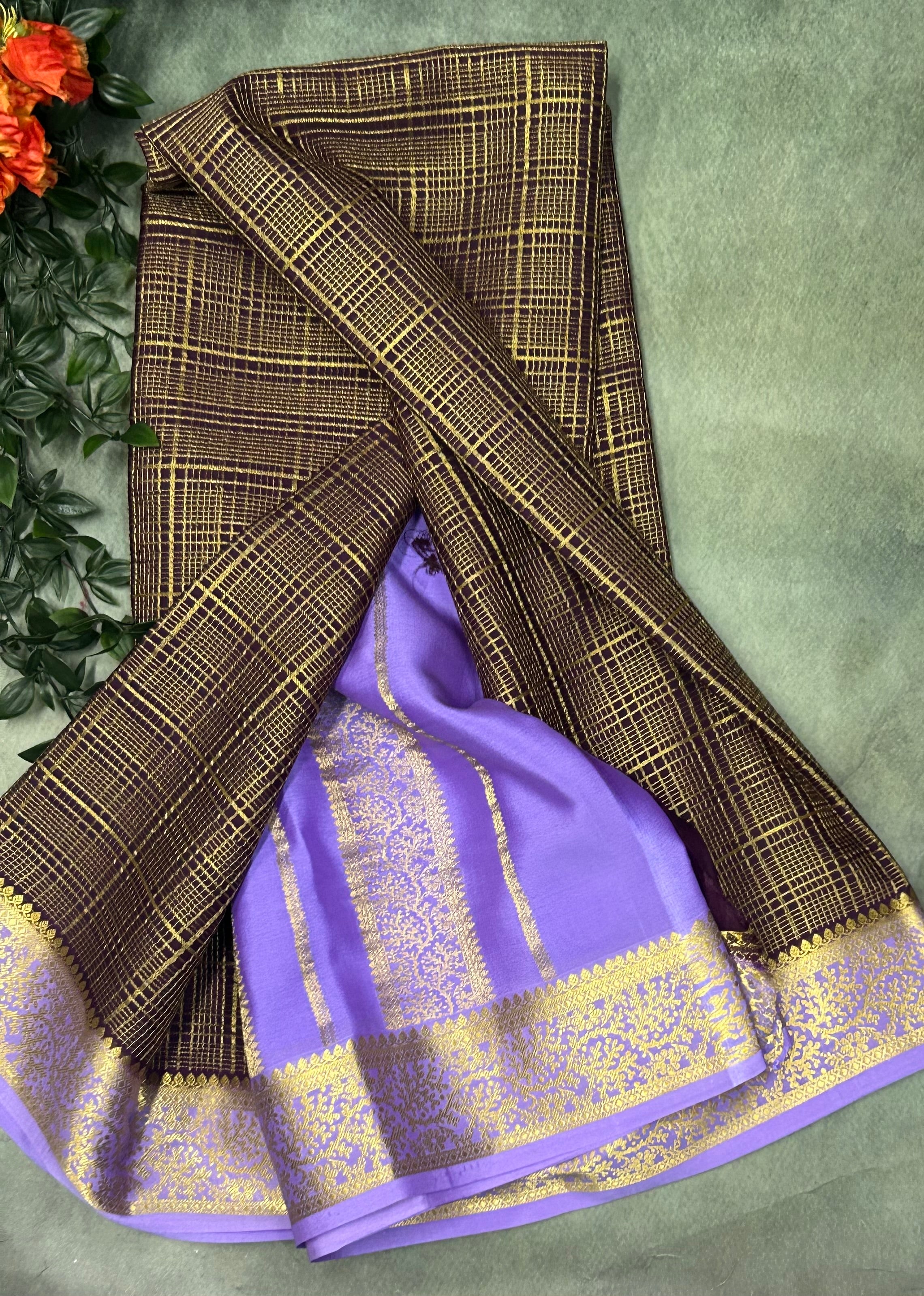 Brown n lilac checks brocade Pure Mysore silk crepe 103 Saree
