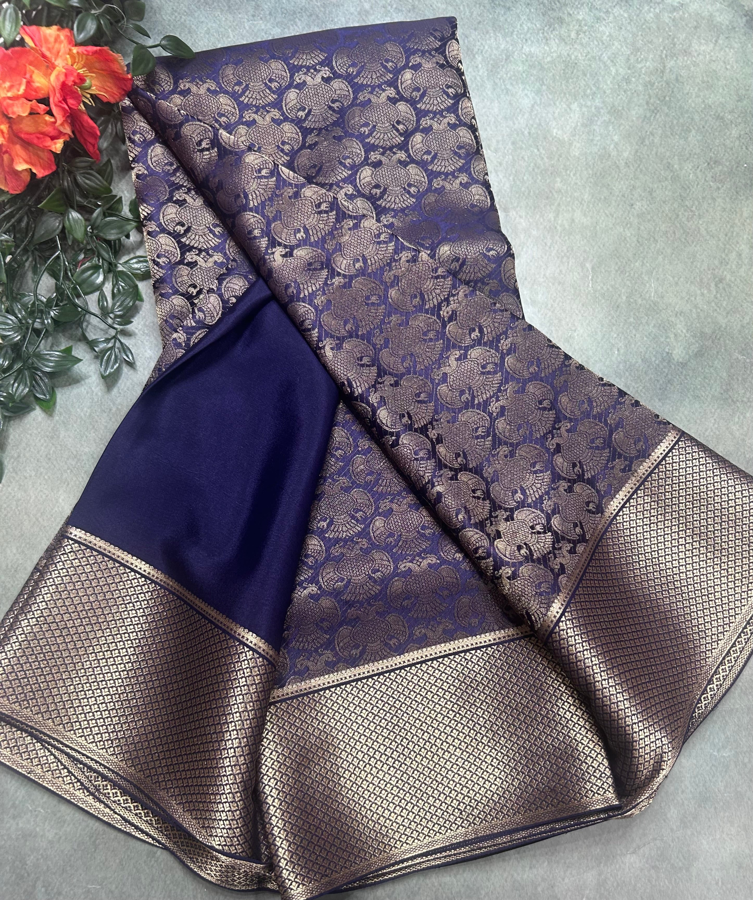 Navy blue gandaberunda brocade Pure Mysore Silk 106 Saree