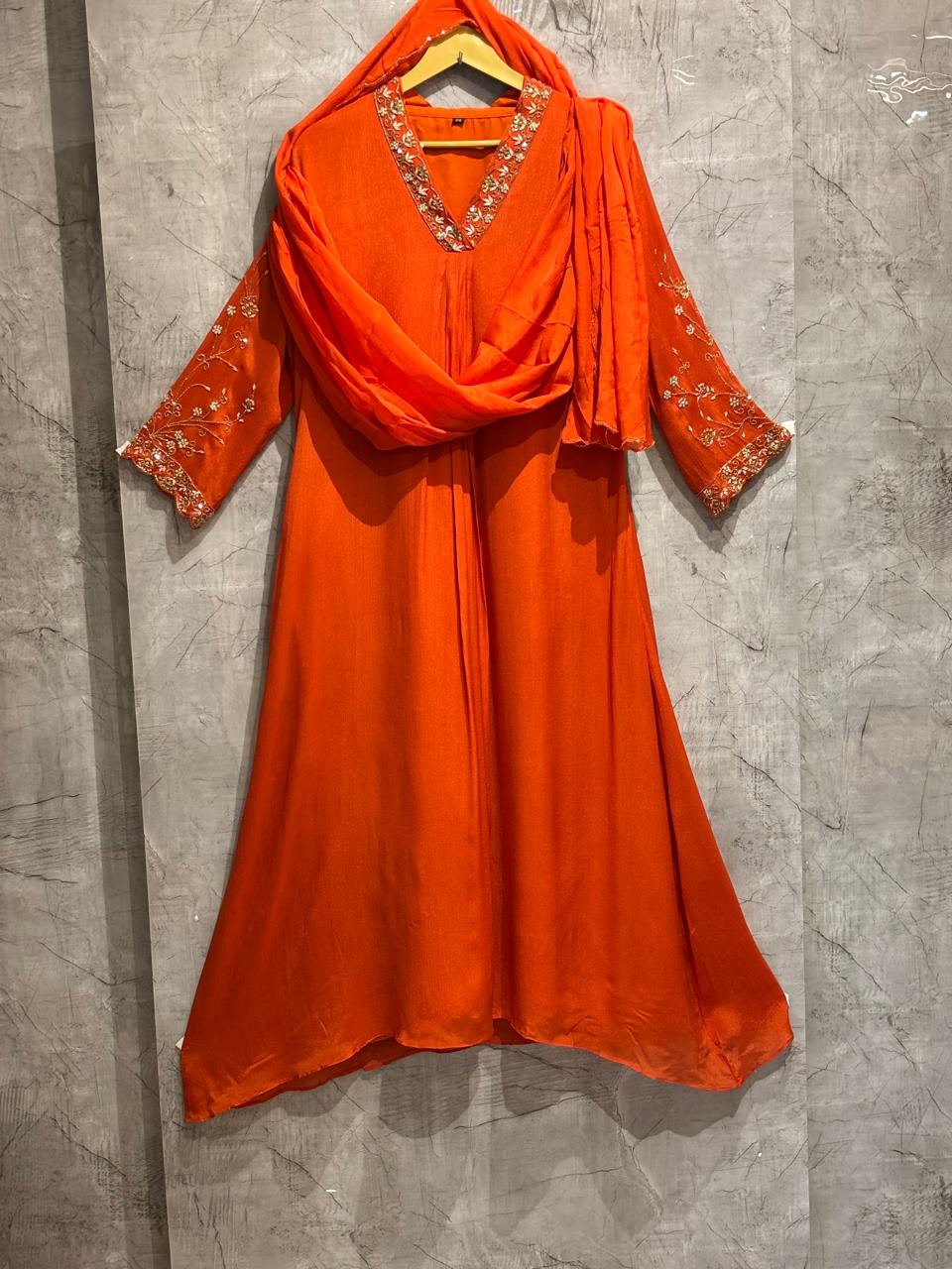 "Piya" Orange Chinnon Handwork Airline Kurtha 345
