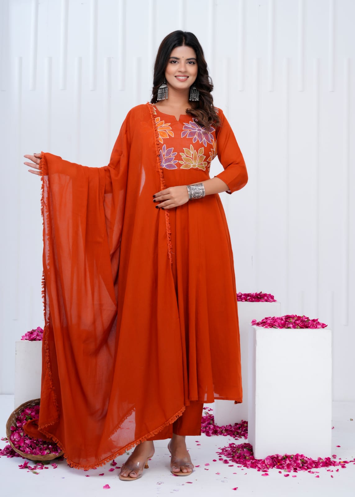 Orange Mul Cotton Anarkali Kurtha