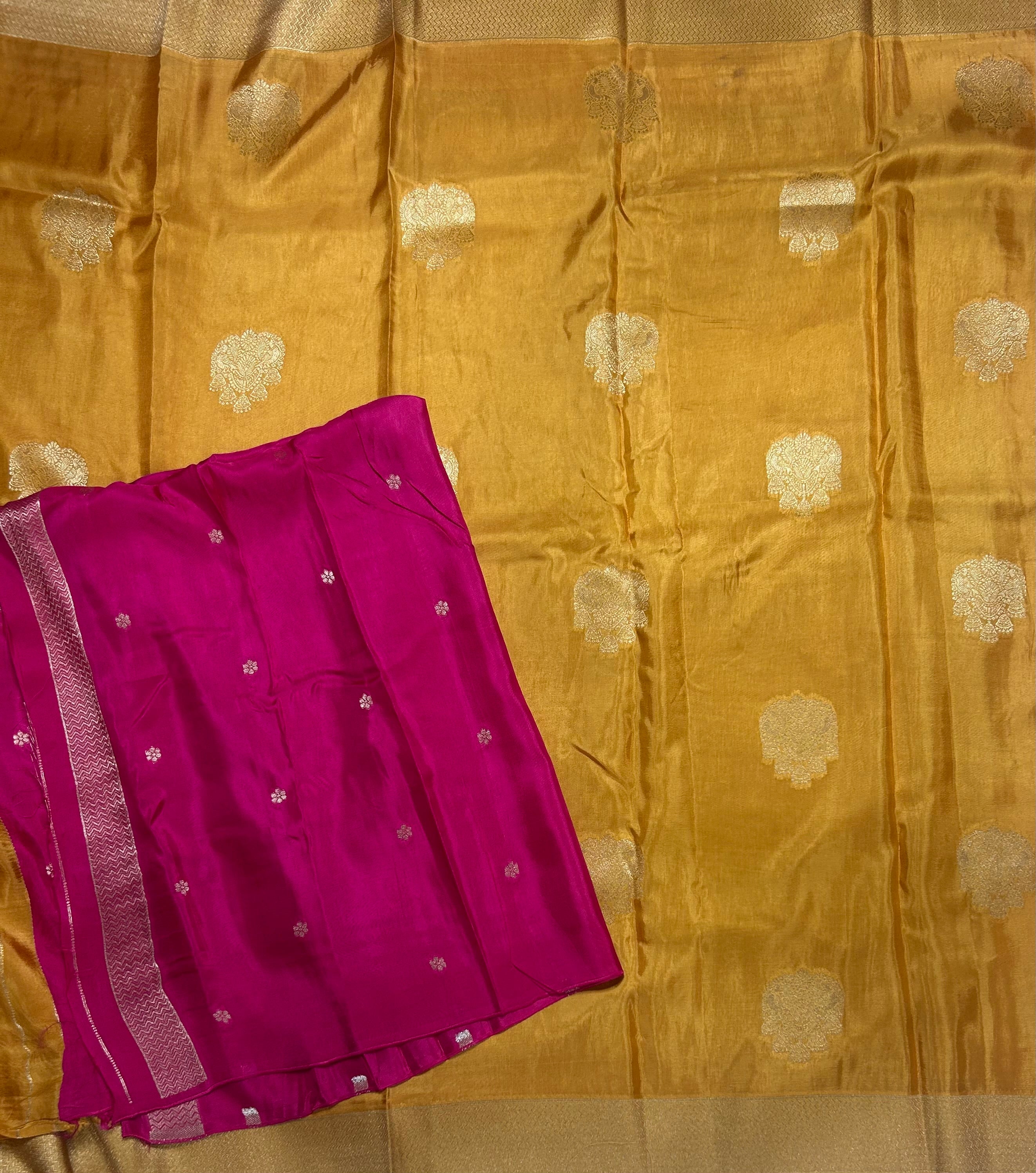 Mustard yellow big Butta contrast semi Mysore crepe 105 saree