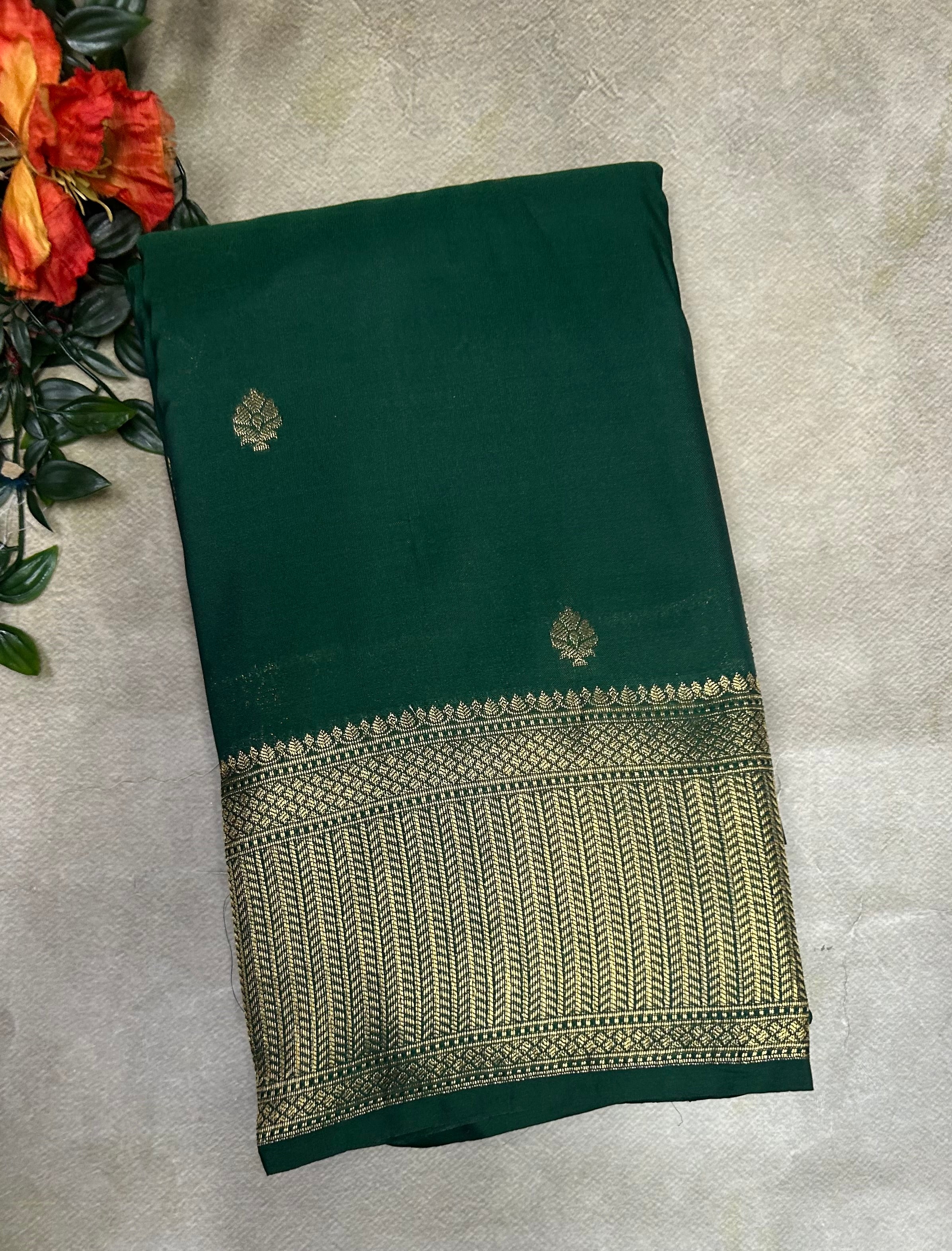 Bottle green small border semi Kanchi-105 saree