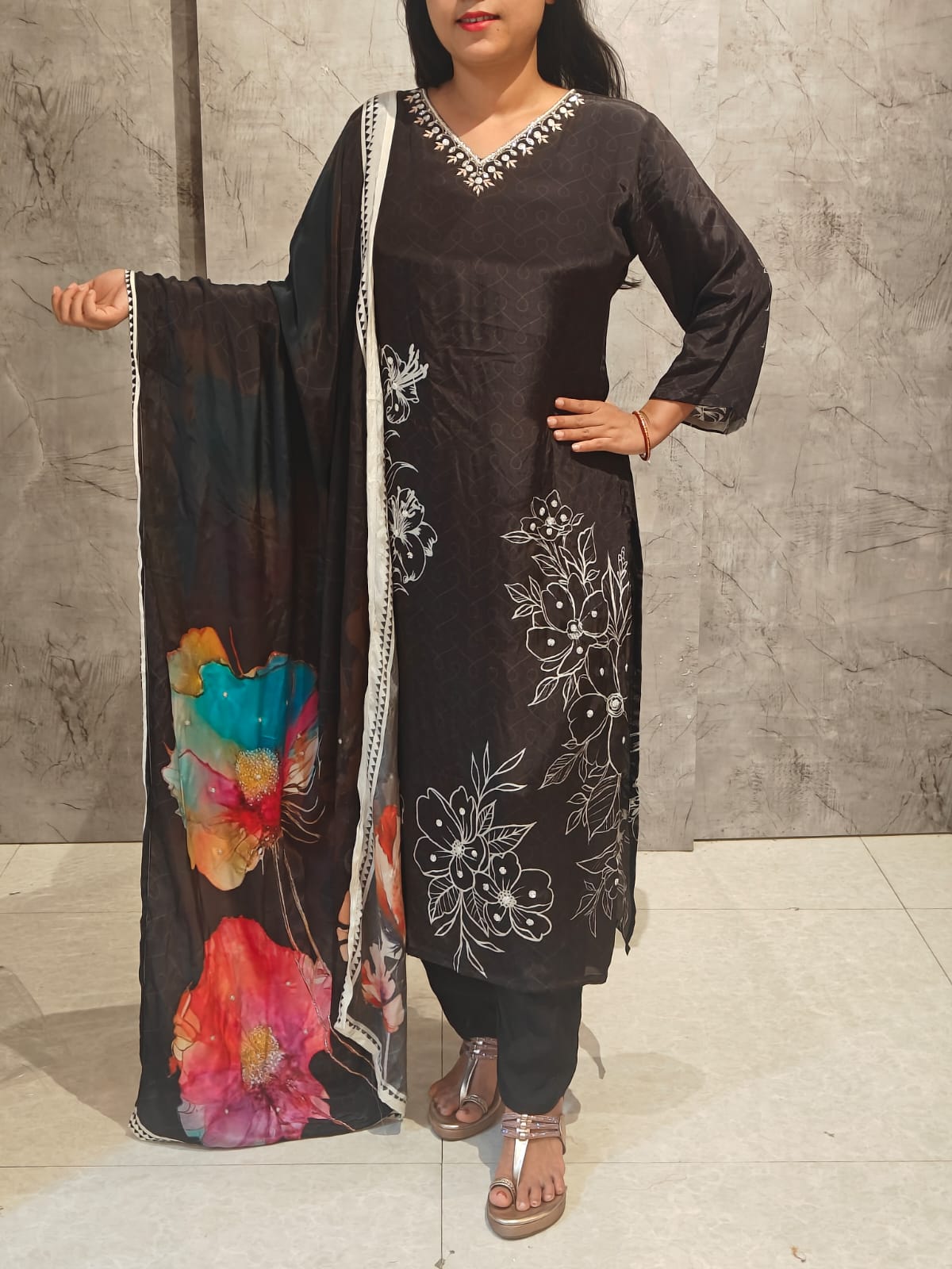 Black Digital Print Crepe Kurtha 693