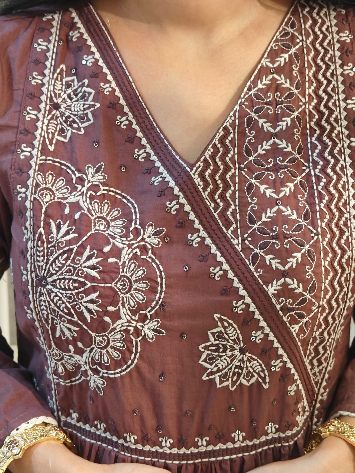 Brown Mul Cotton Knot Thread Work Embroidery Airline Kurtha 63