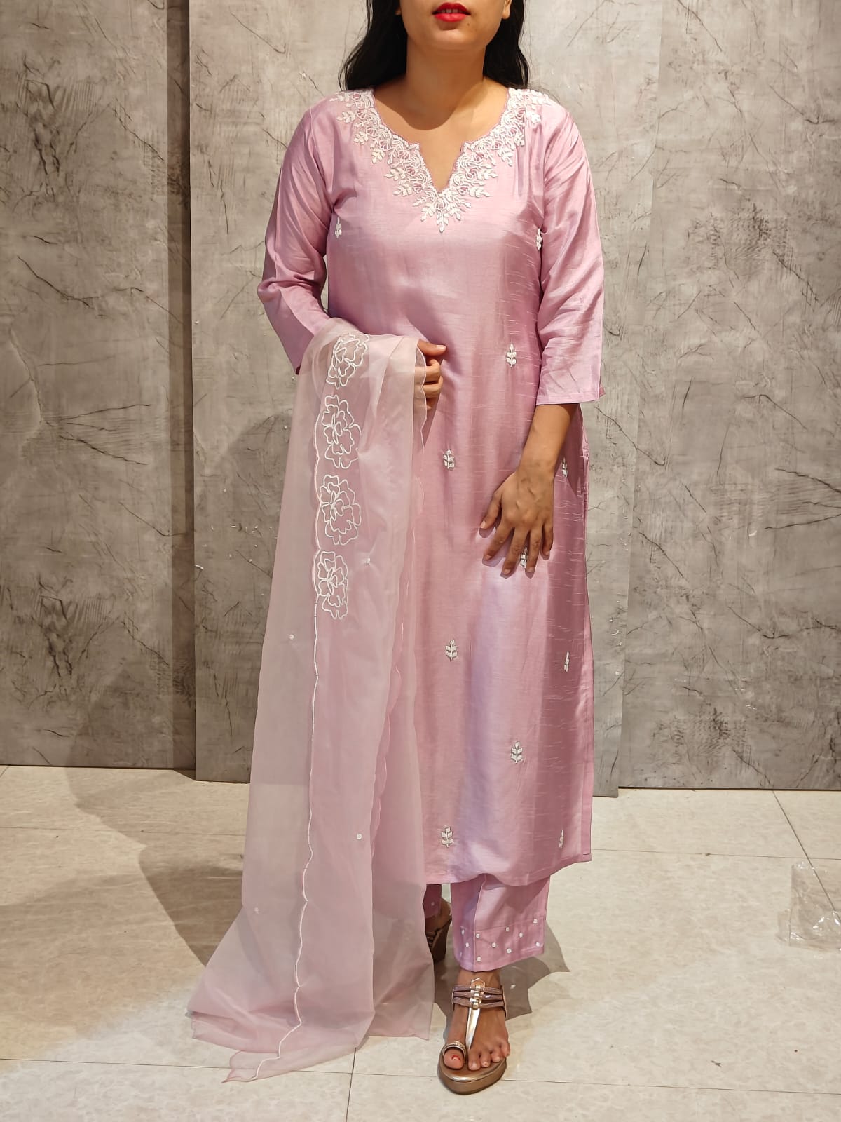 Baby Pink Pearl Handwork Dola silk Kurtha 811