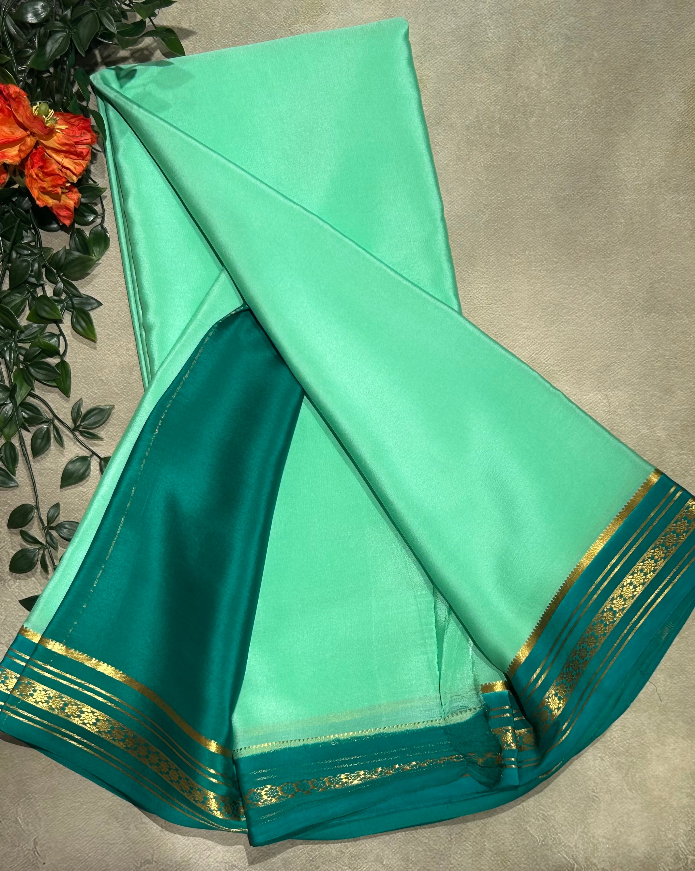 Aqua green stripes border pure Mysore silk-103 saree