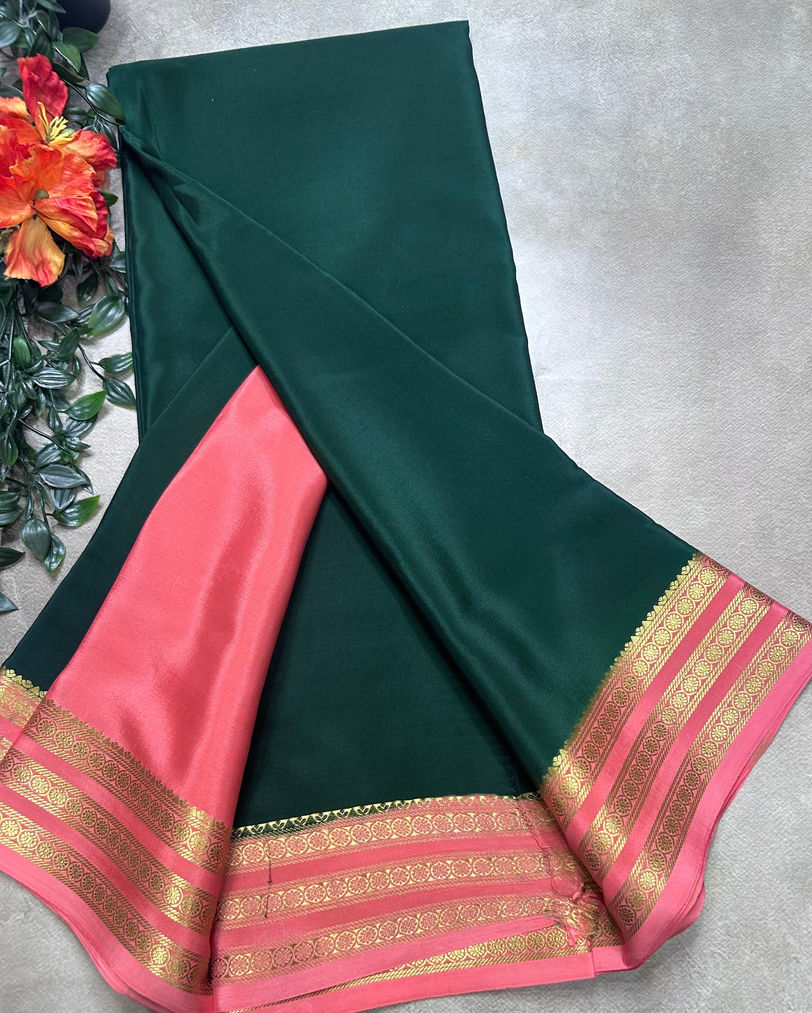 Bottle green small border pure mysore silk saree(MSC106)