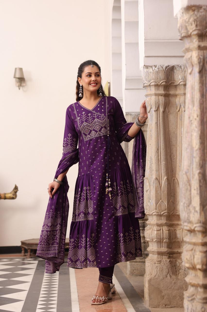 Purple Cotton Kalamkari Print Anarkali Kurtha 389