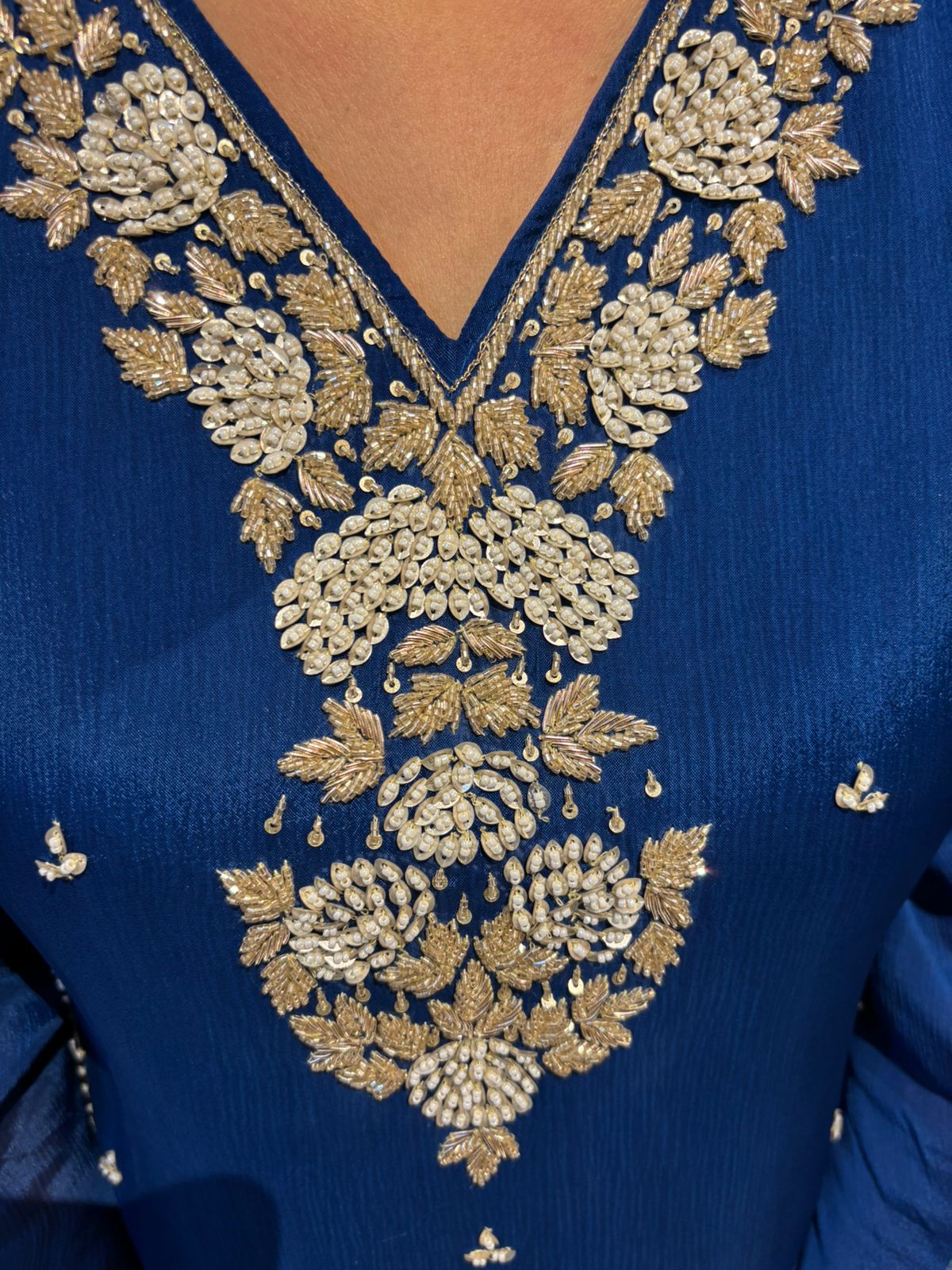 Dark Blue Chinnon Hand Embroidery Airline Kurtha 444