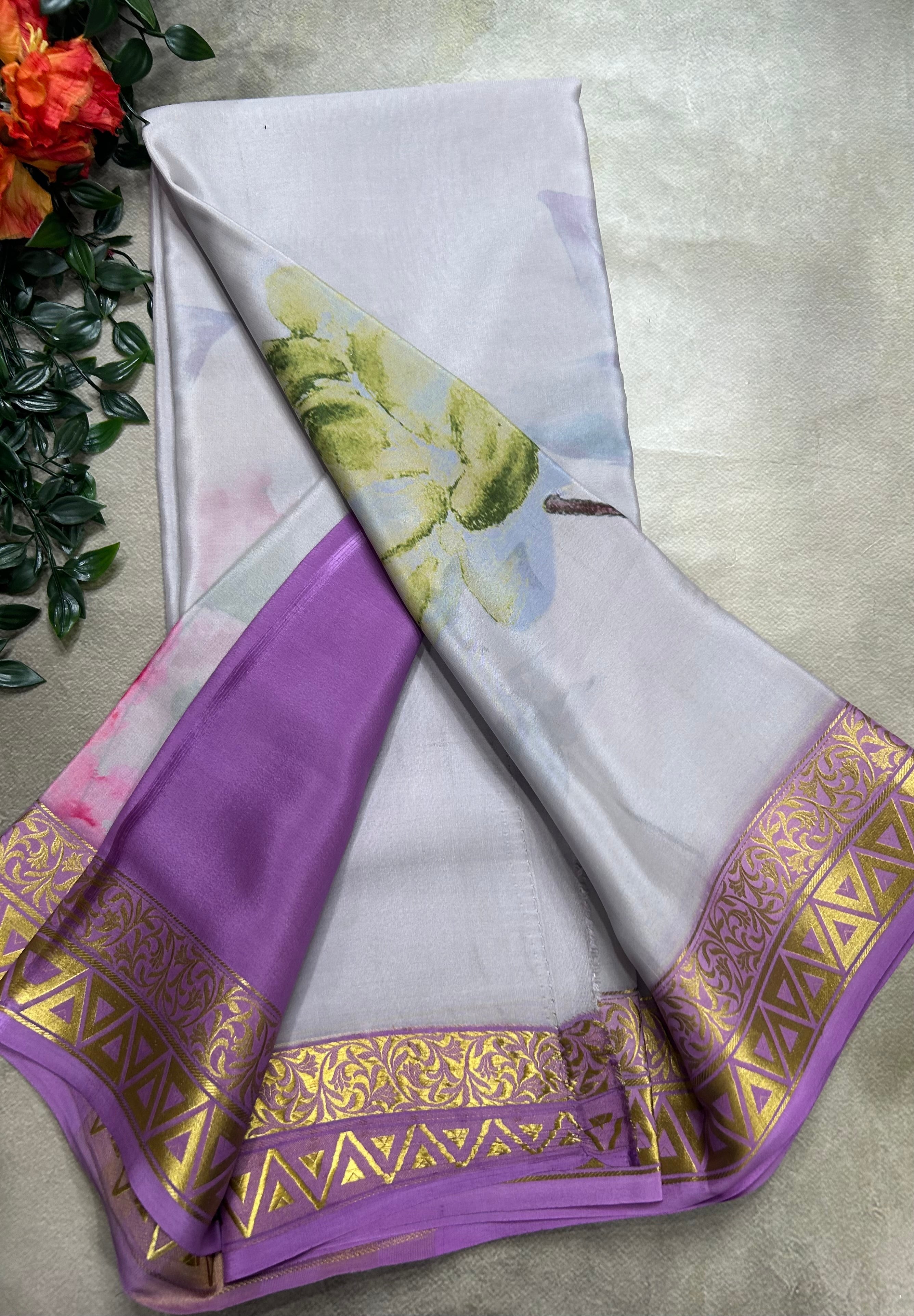 Pastel blue digital print pure mysore silk saree(DMS106)