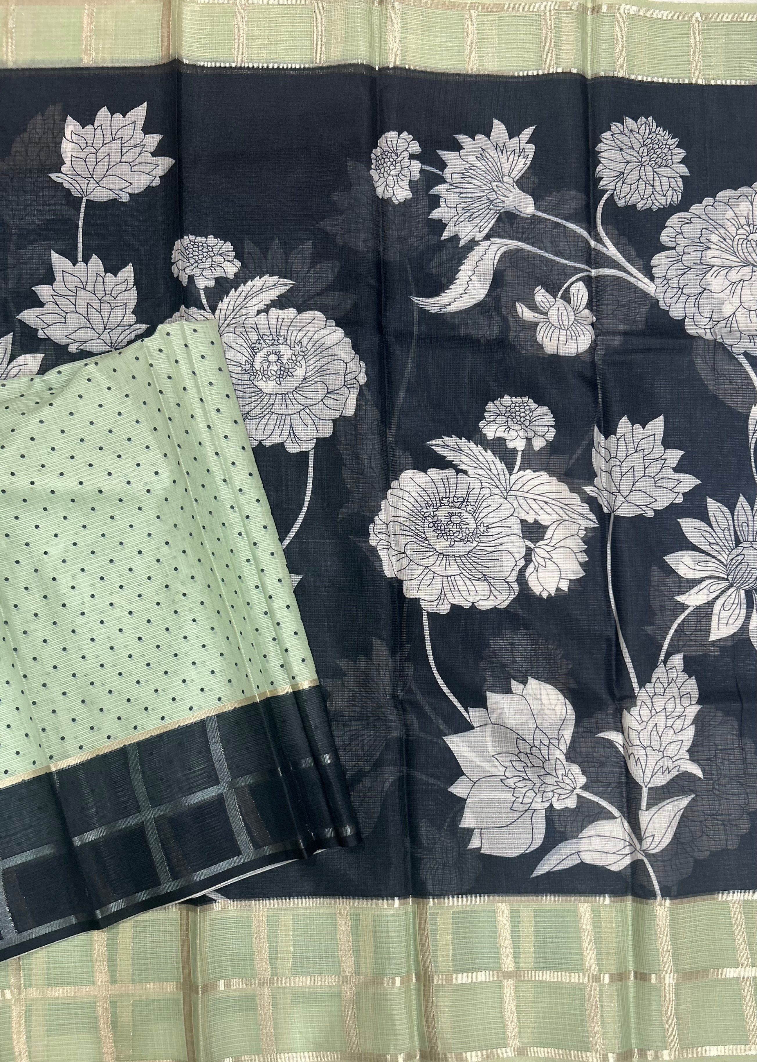 Black n pastel green Kota checks 103 saree