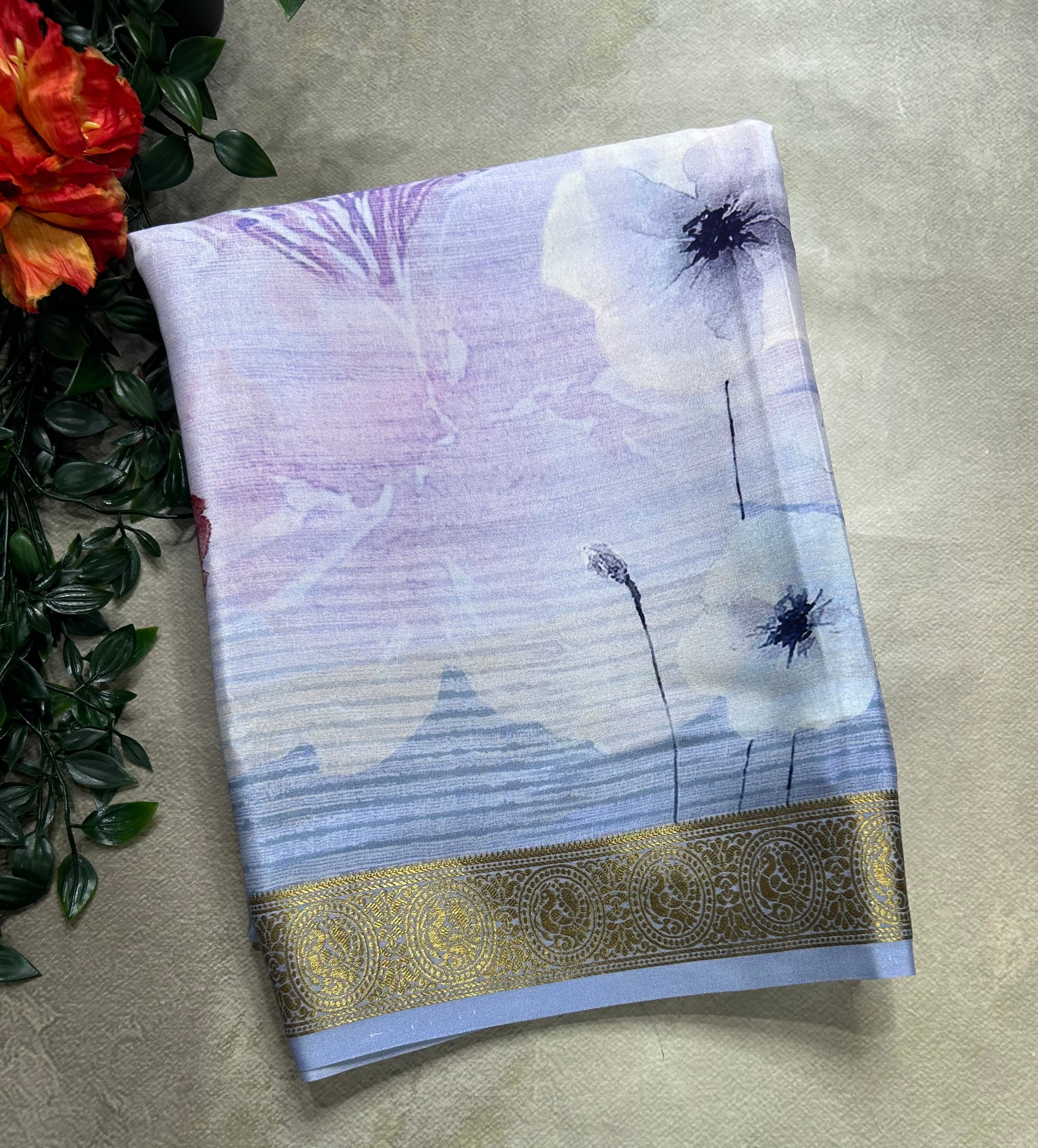 Pastel blue digital print pure mysore silk saree(DMS106)