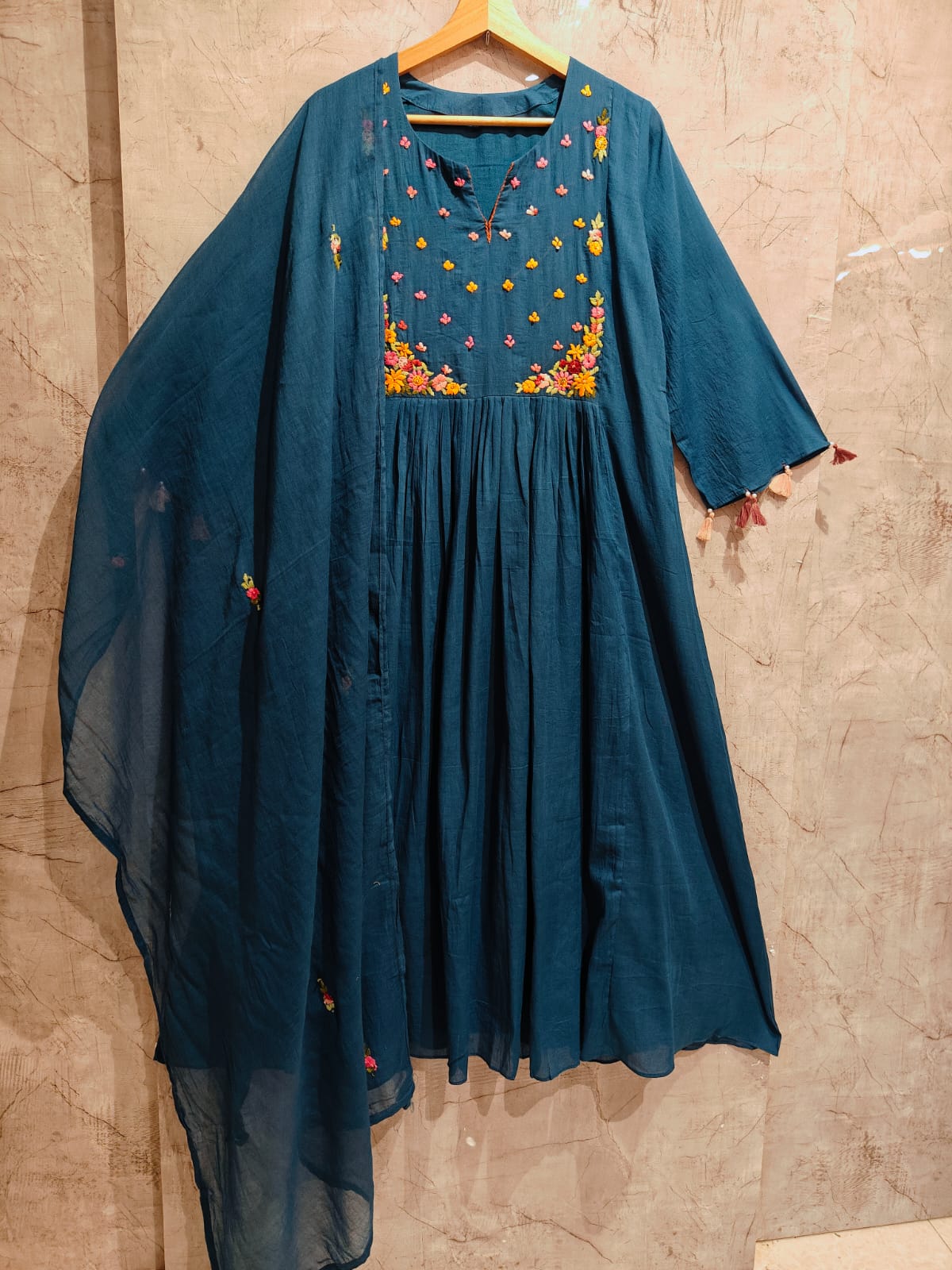 Royal Blue  Mul Chanderi Silk Anarkali Handwork Kurtha Set