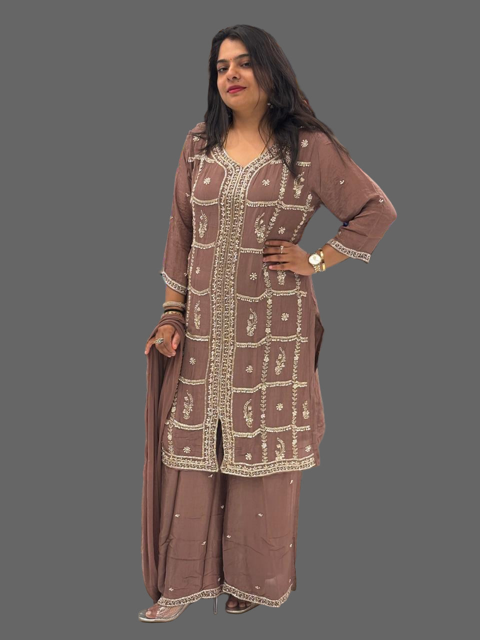 Brown Chinnon Hand Embroidery Sharara Kurtha 901