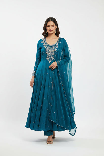 Steal Blue Anarkali chinnon handwork party ware Kurtha 567