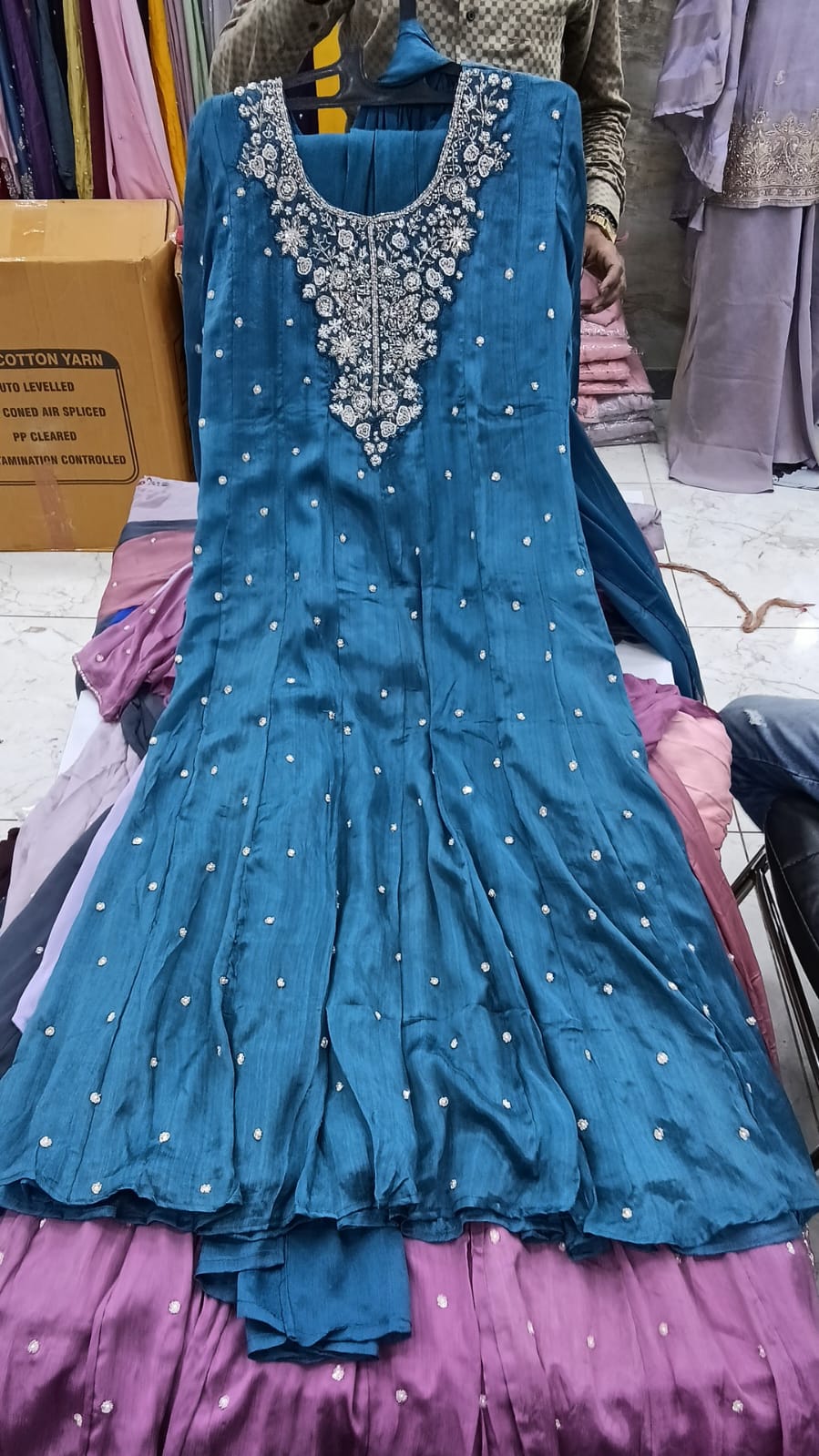 Steal Blue Anarkali chinnon handwork party ware Kurtha 567