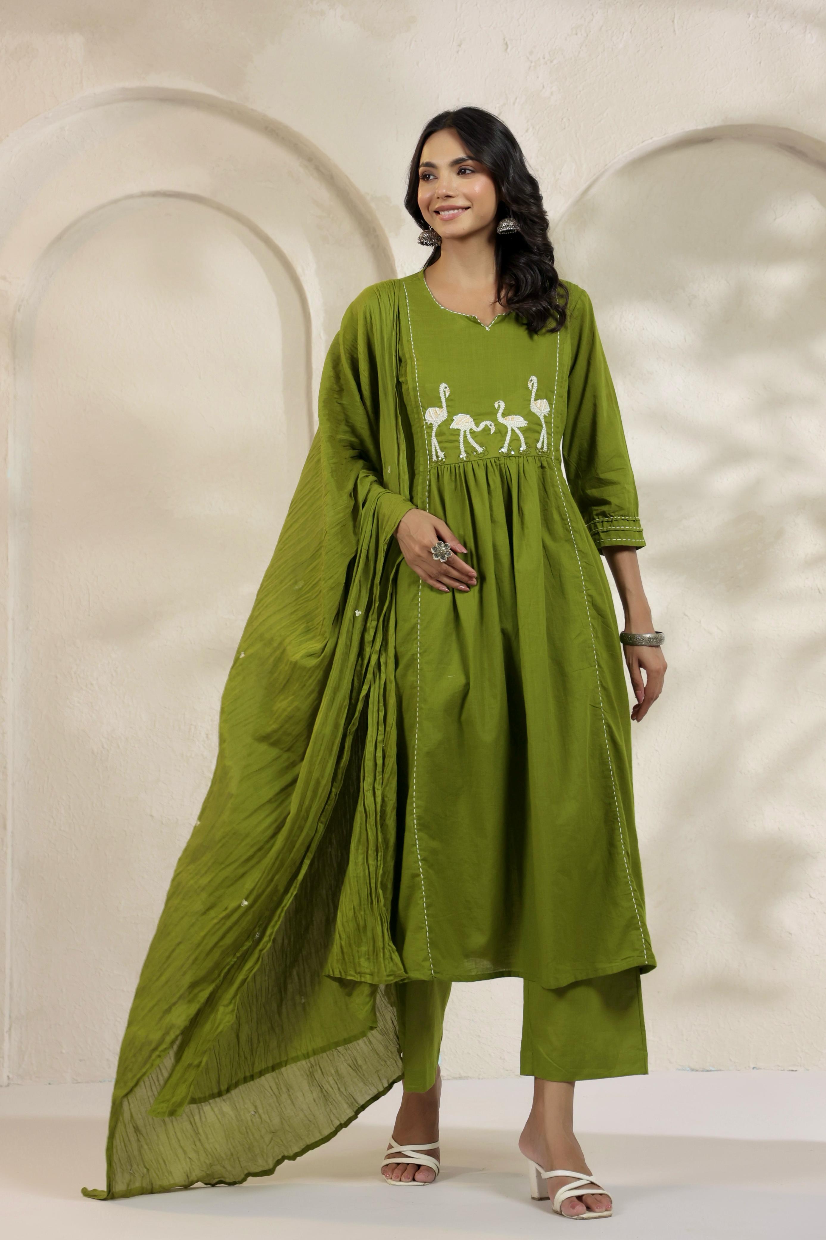 "Fami"Green Mul Cotton Faminglo Kurtha 0011 set