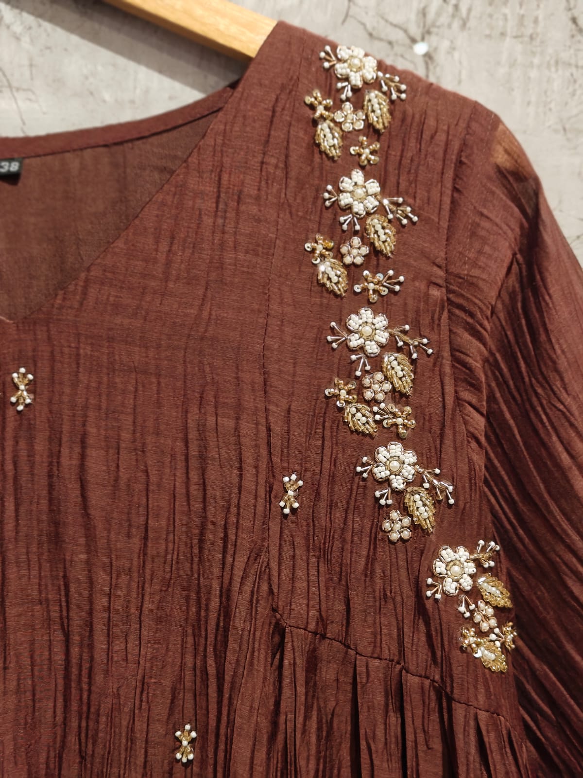 “Pani" Brown Mul Chanderi Silk Anarkali Handwork Kurtha 326