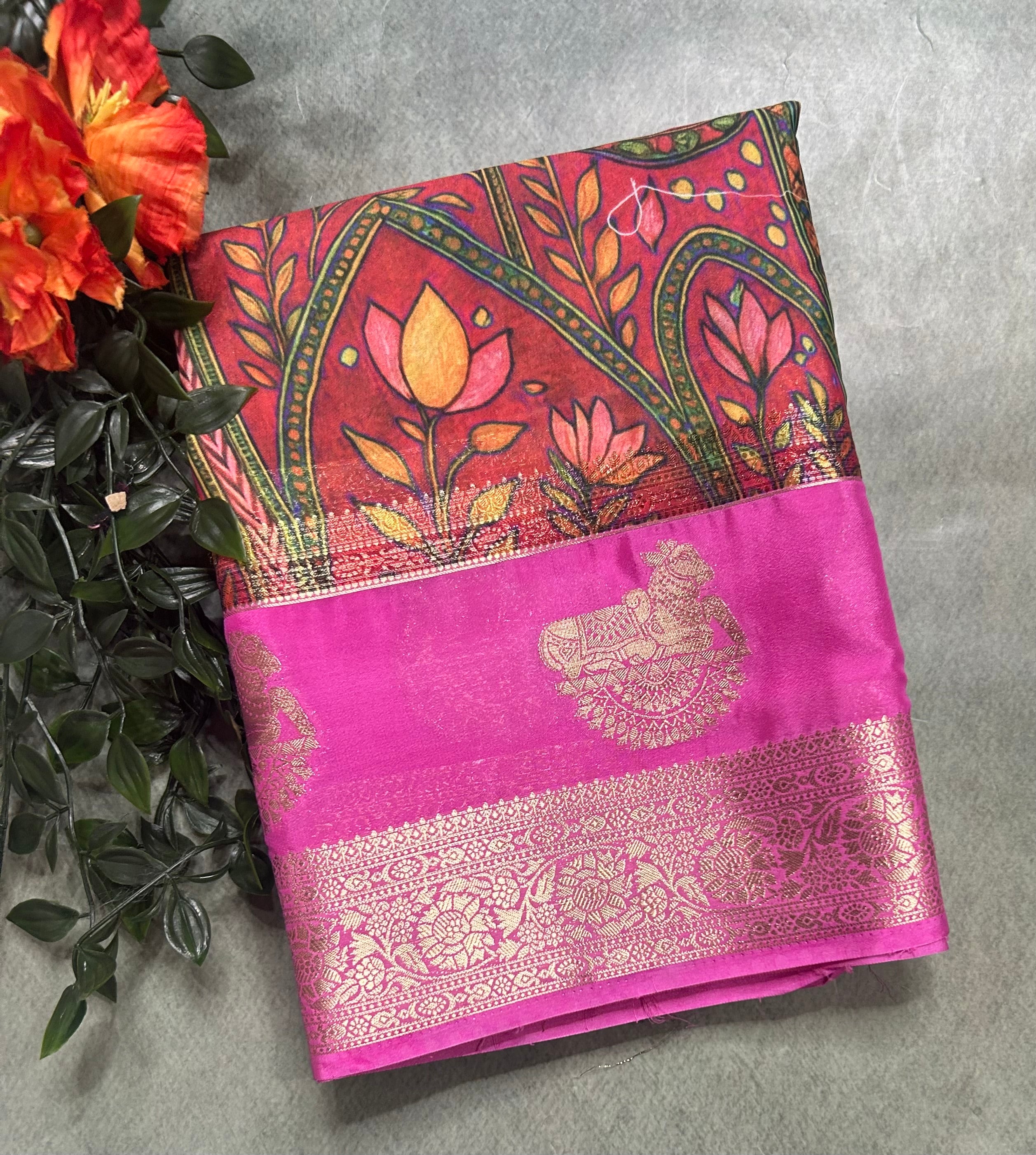 Multicolour bentex border printed semi Mysore 105 saree