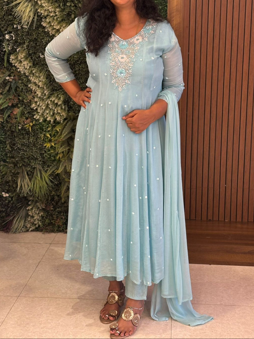 Sky Blue Anarkali Chinnon Hand Embroidery Kurtha 567