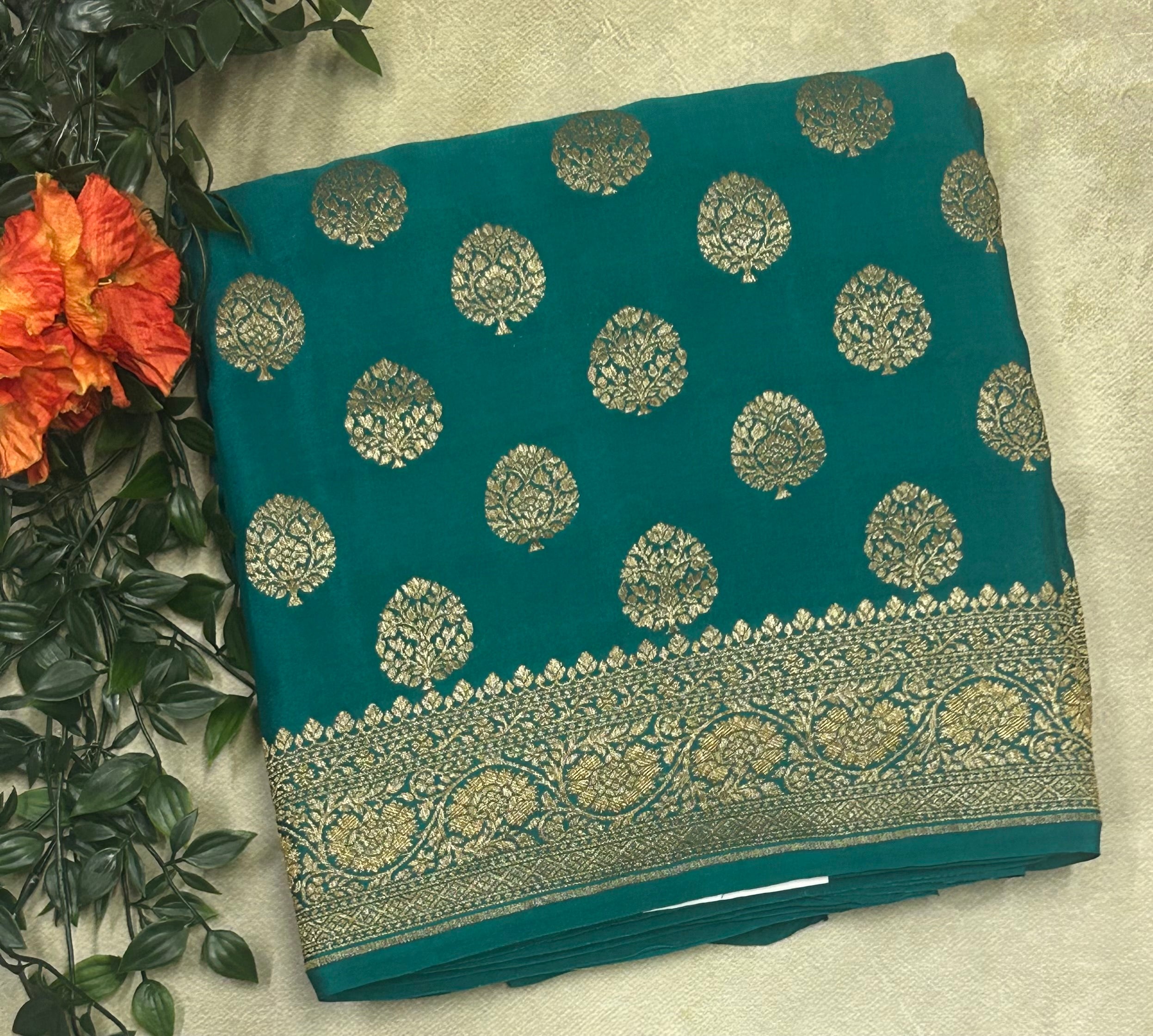 Rama green small n big butta pure benarasi crepe 103 saree
