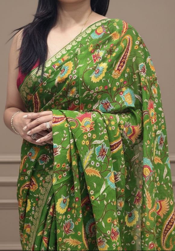 Green Digital Print Chinon-12 Saree – Lightweight Designer Saree for Festive & Party Wear
