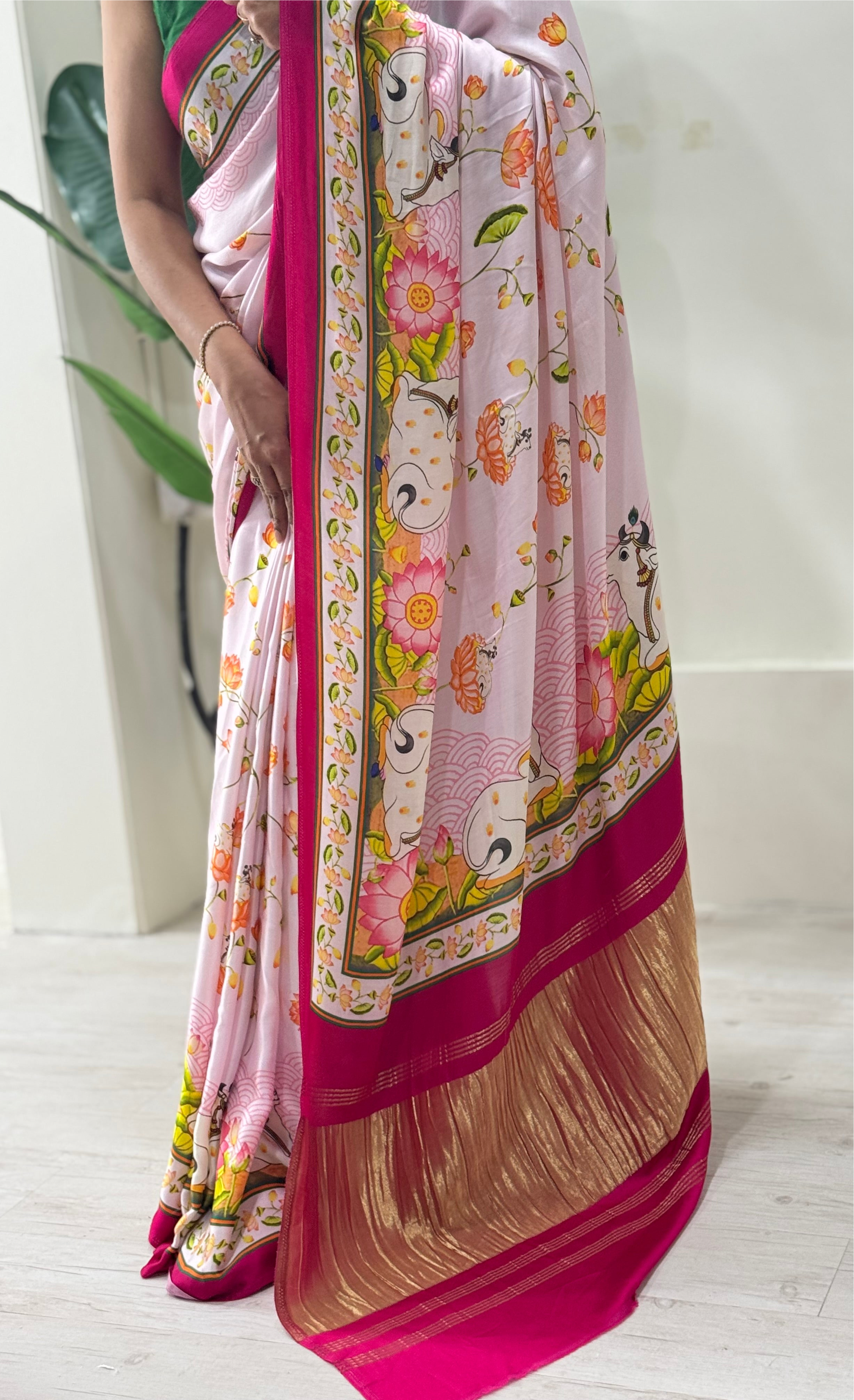 Pink pichwai satin crepe saree