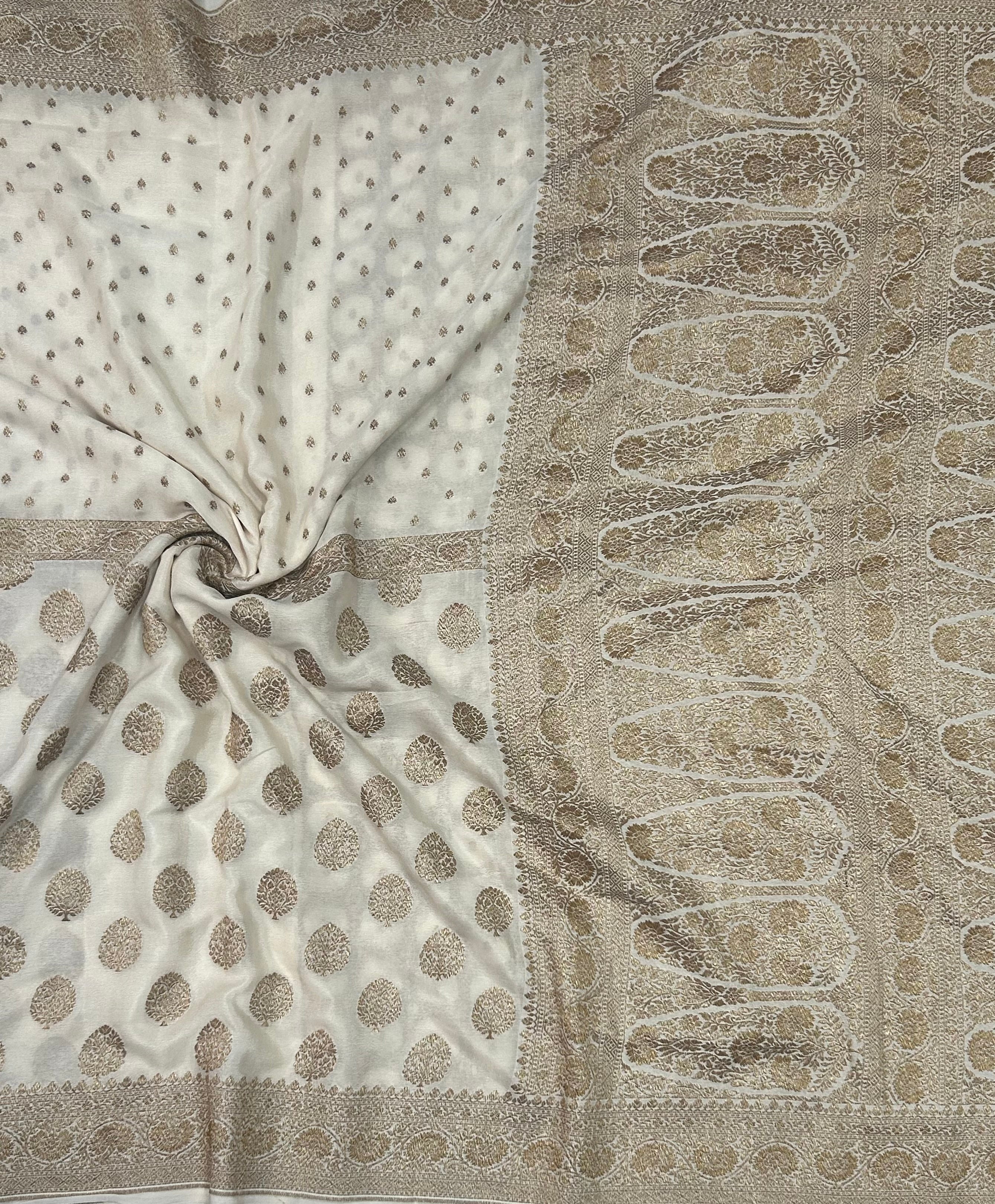 Cream small n big butta pure benarasi crepe 103 saree