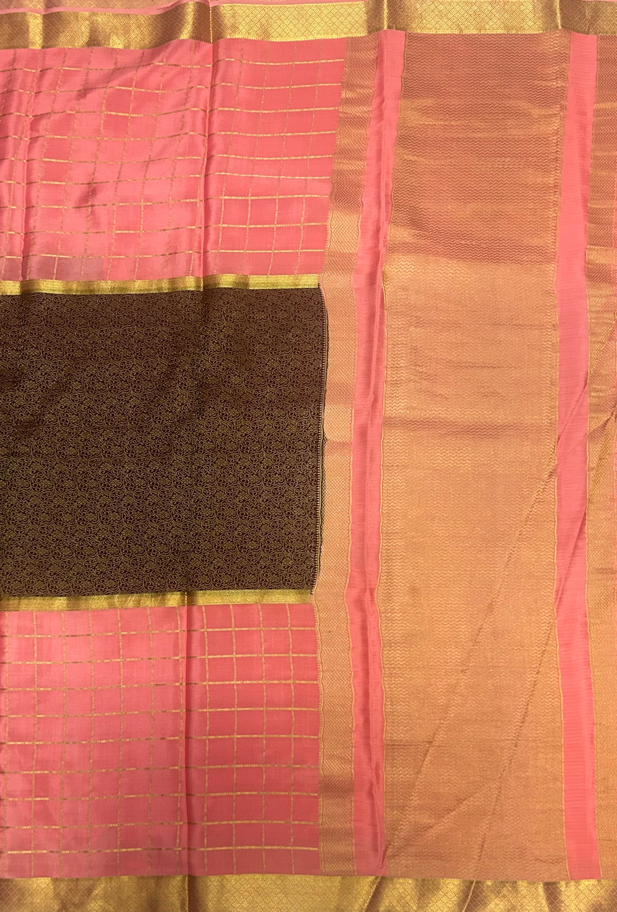 Pastel pink n dark brown pure Mysore crepe silk 103 saree