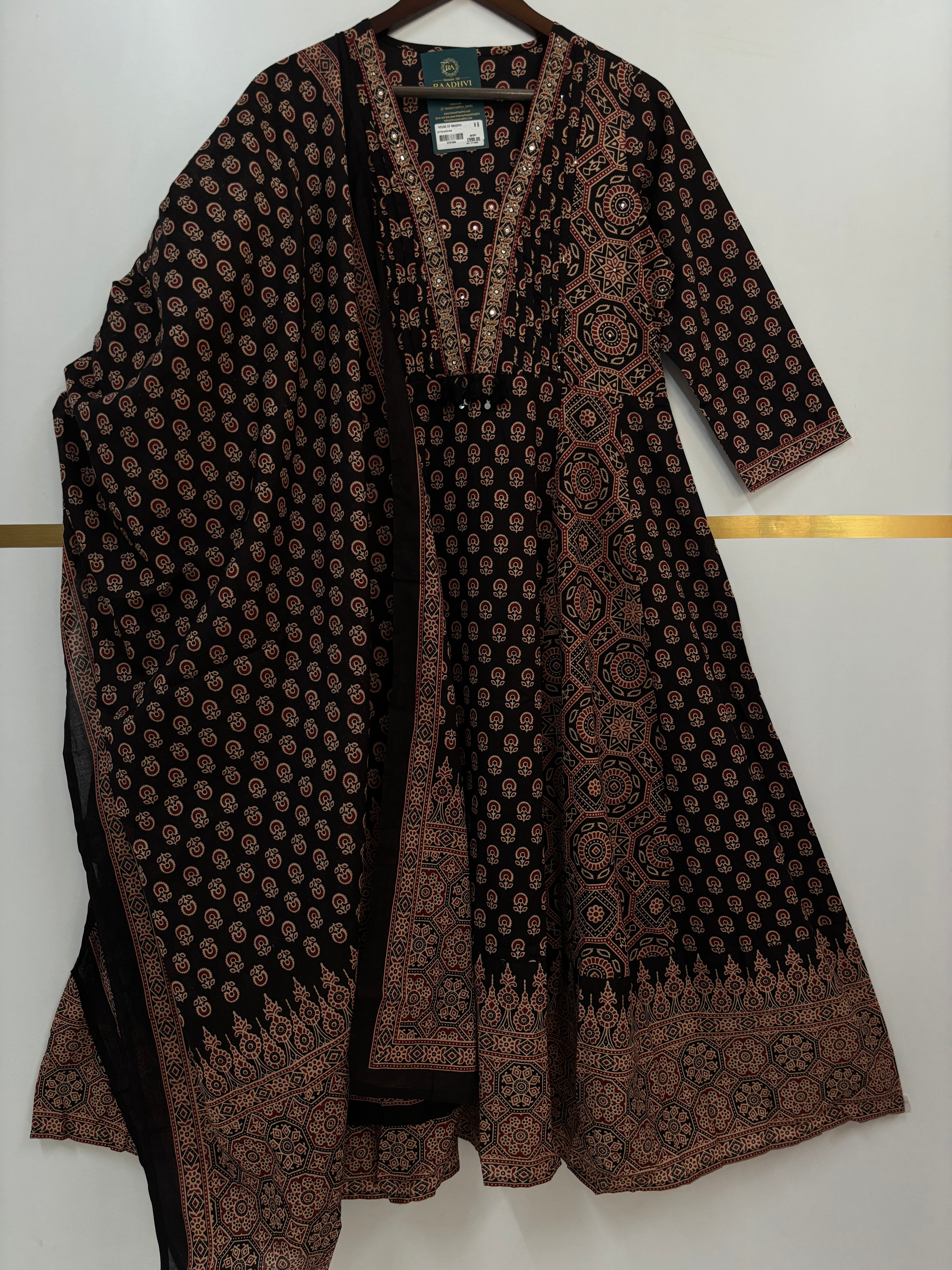 Black Cotton Anarkali Block Print Kurtha 252