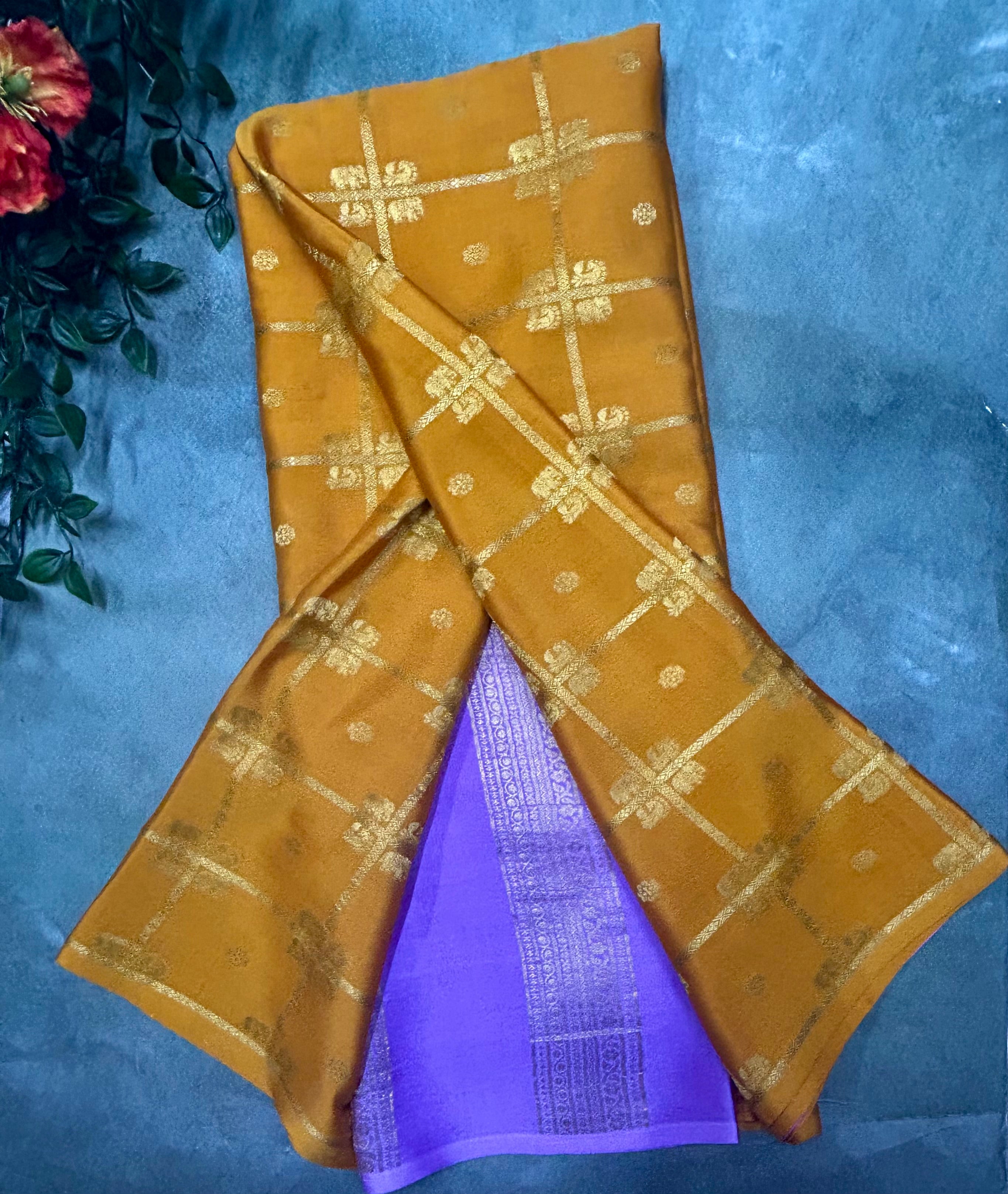 Mustard yellow contrast ST checks borderless pure mysore silk-105 saree