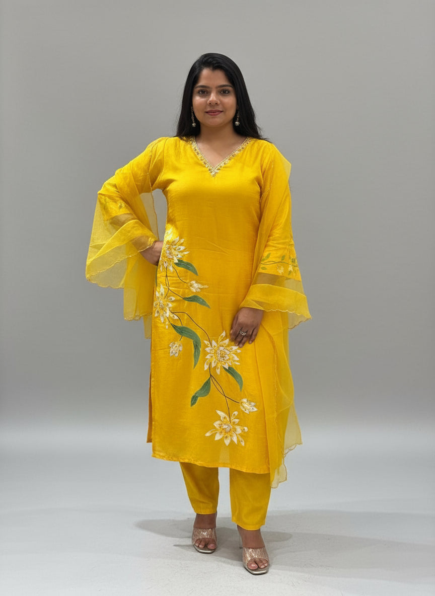 Yellow Dola Hand Painted Straight Fit Kurtha 431
