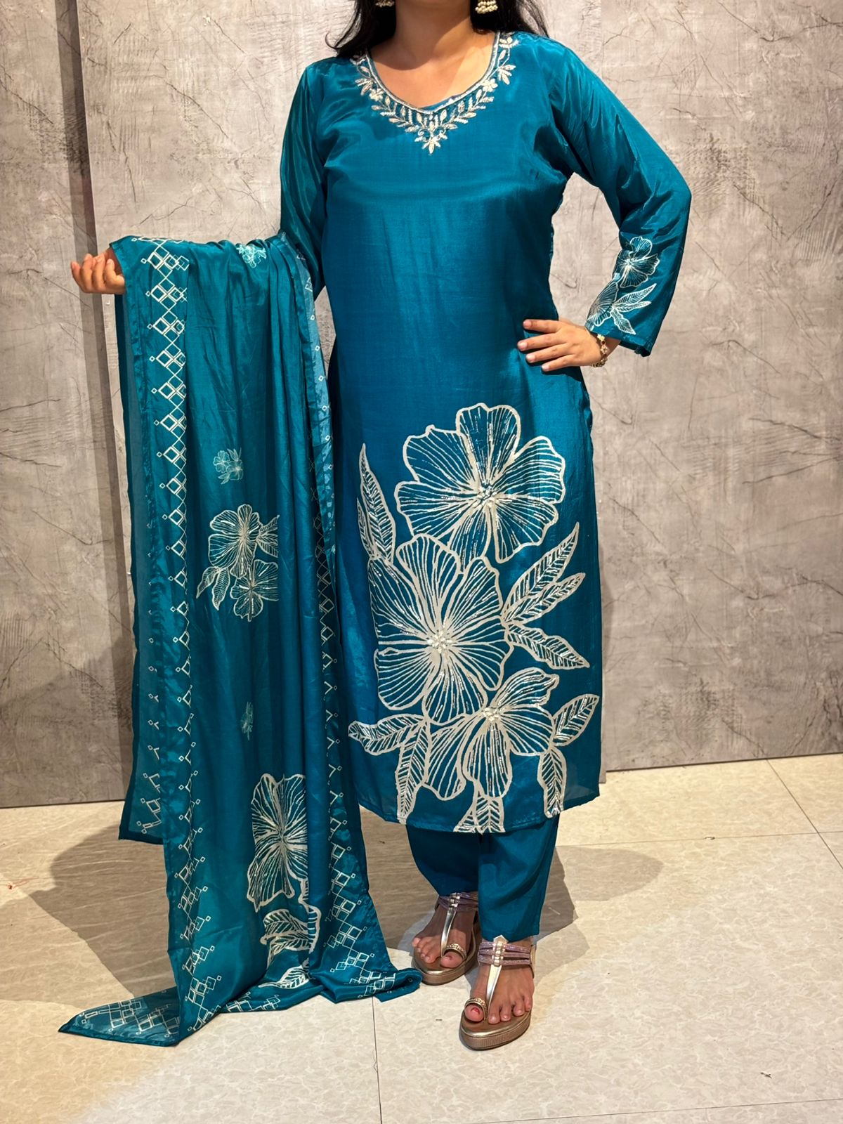 Navy Blue Digital Print Crepe Kurtha 693