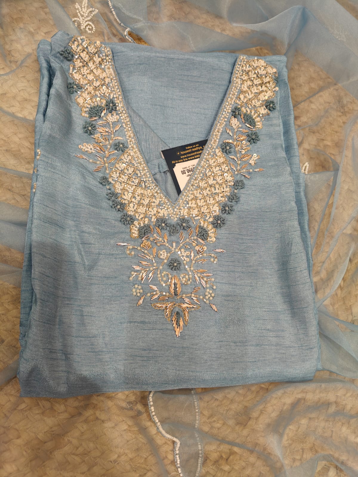 Sky blue Dola silk Pastel Kurtha with Pearl handwork embroidery work 511