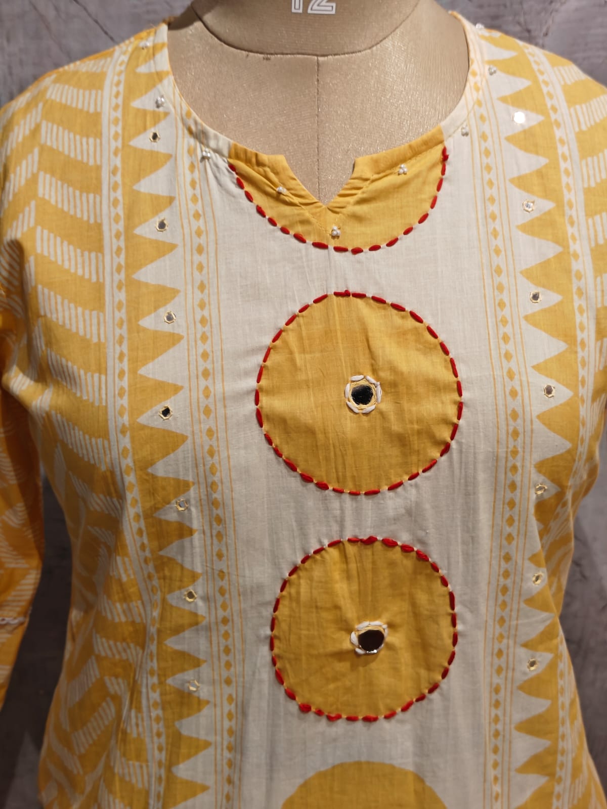 Yellow Cotton Hand Embroidery Straight Fit Kurtha