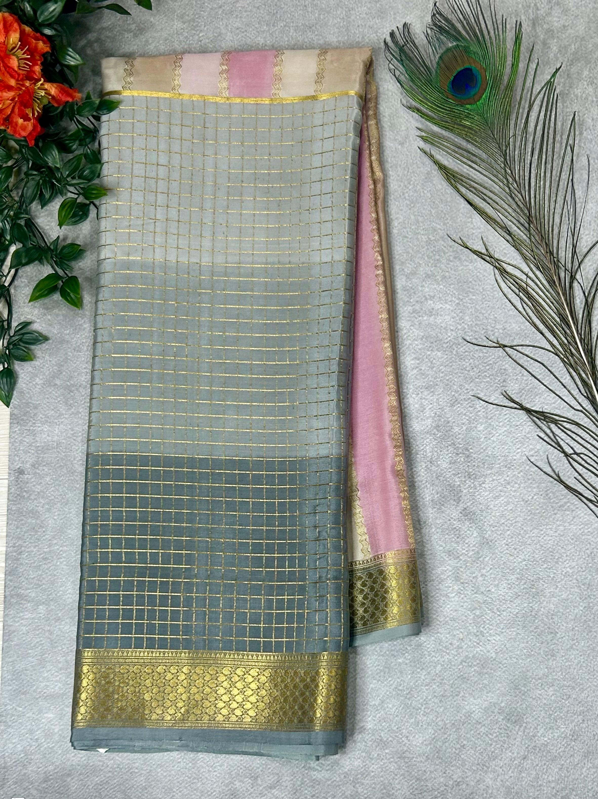 Rankart Stripes n Checks Pure Mysore Silk Saree – Elegant Handwoven Design | Premium Traditional Silk Collection