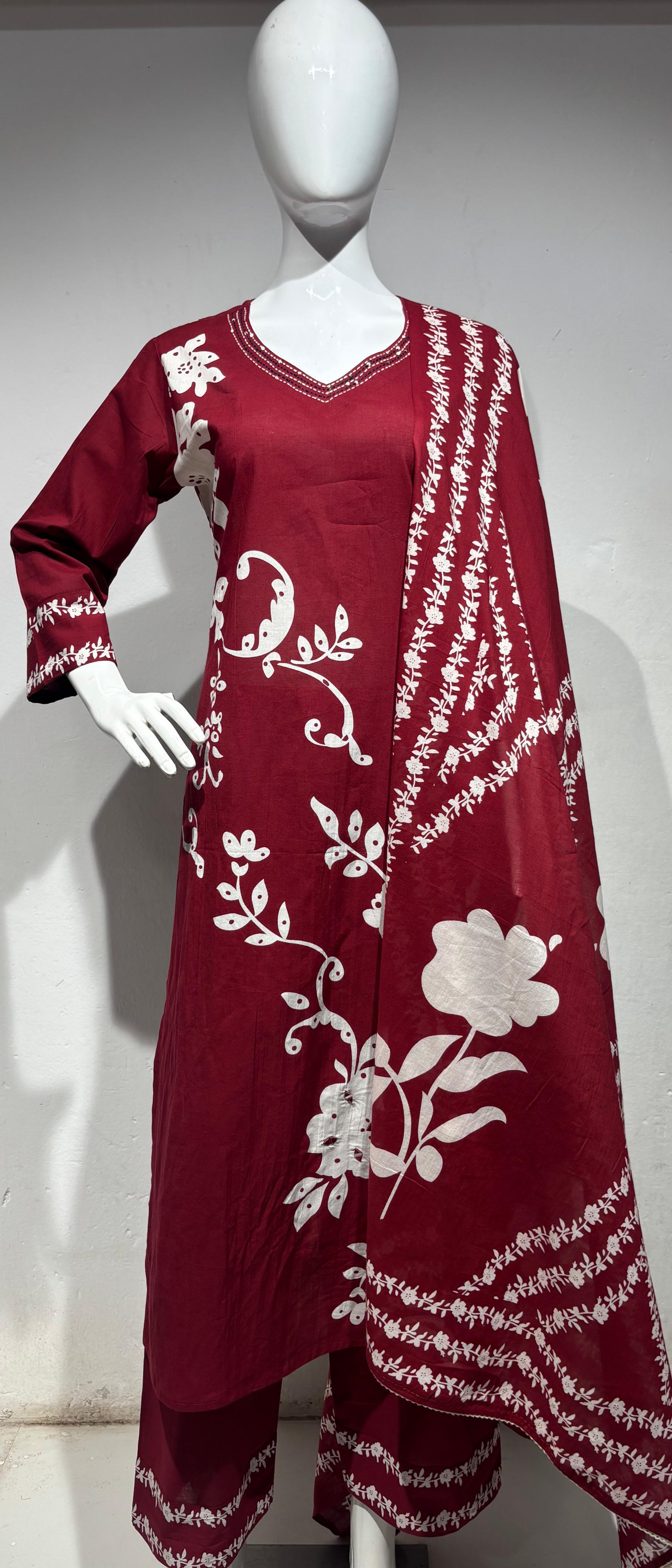 Red Cotton Airline Kurtha With Block Print