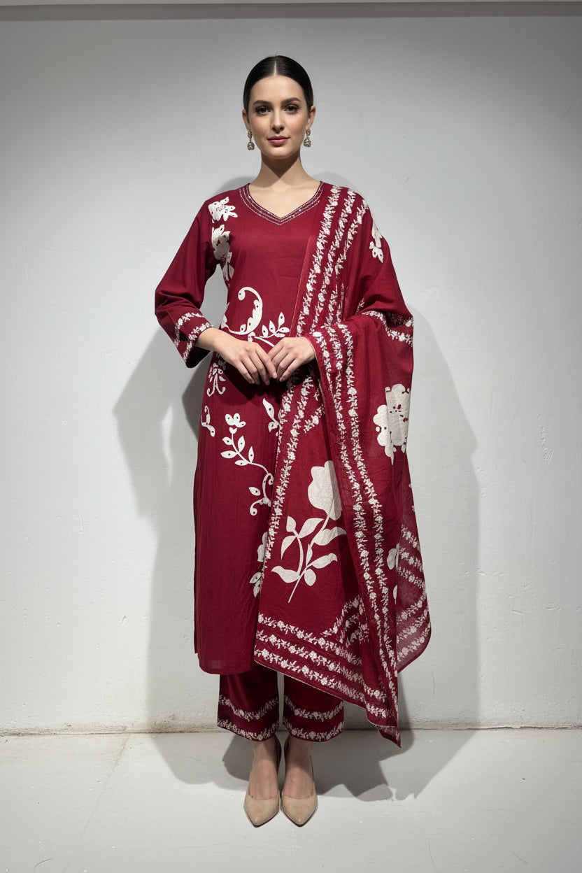 Red Cotton Airline Kurtha With Block Print