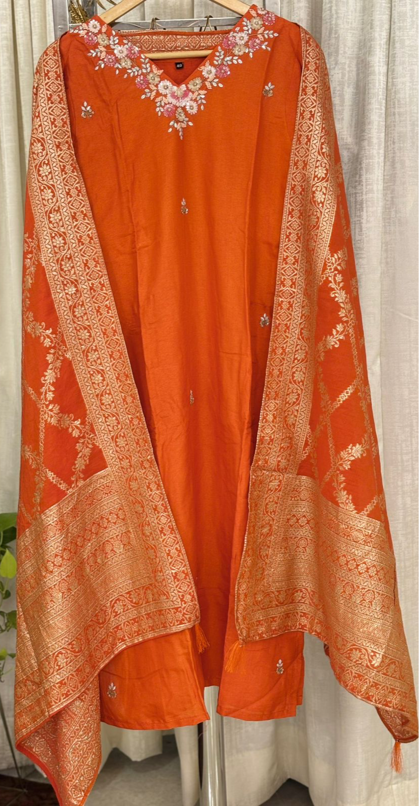 Orange Dola silk Handwork kurtha set